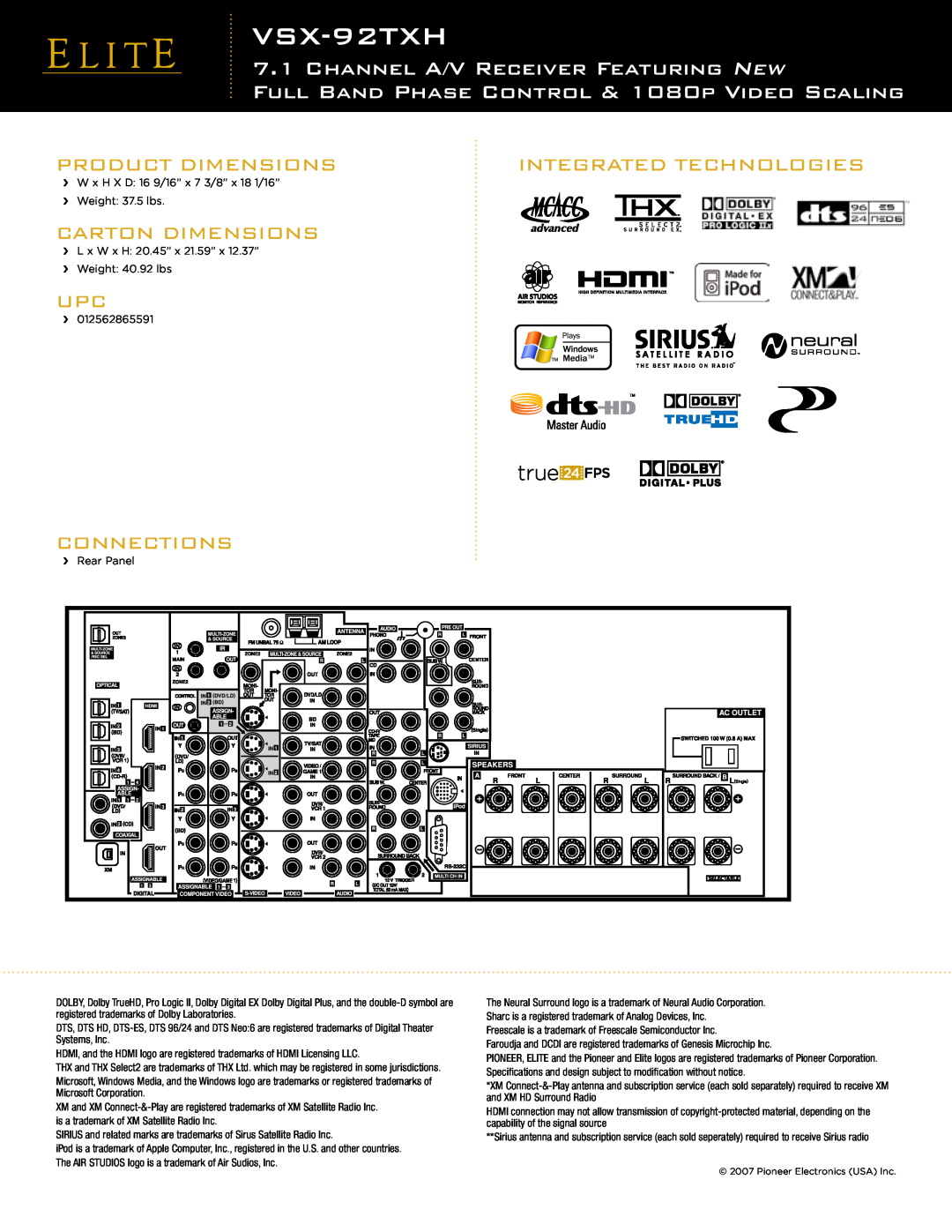 Elite VSX-92TXH manual Product Dimensions, Integrated Technologies, Carton Dimensions, Connections 