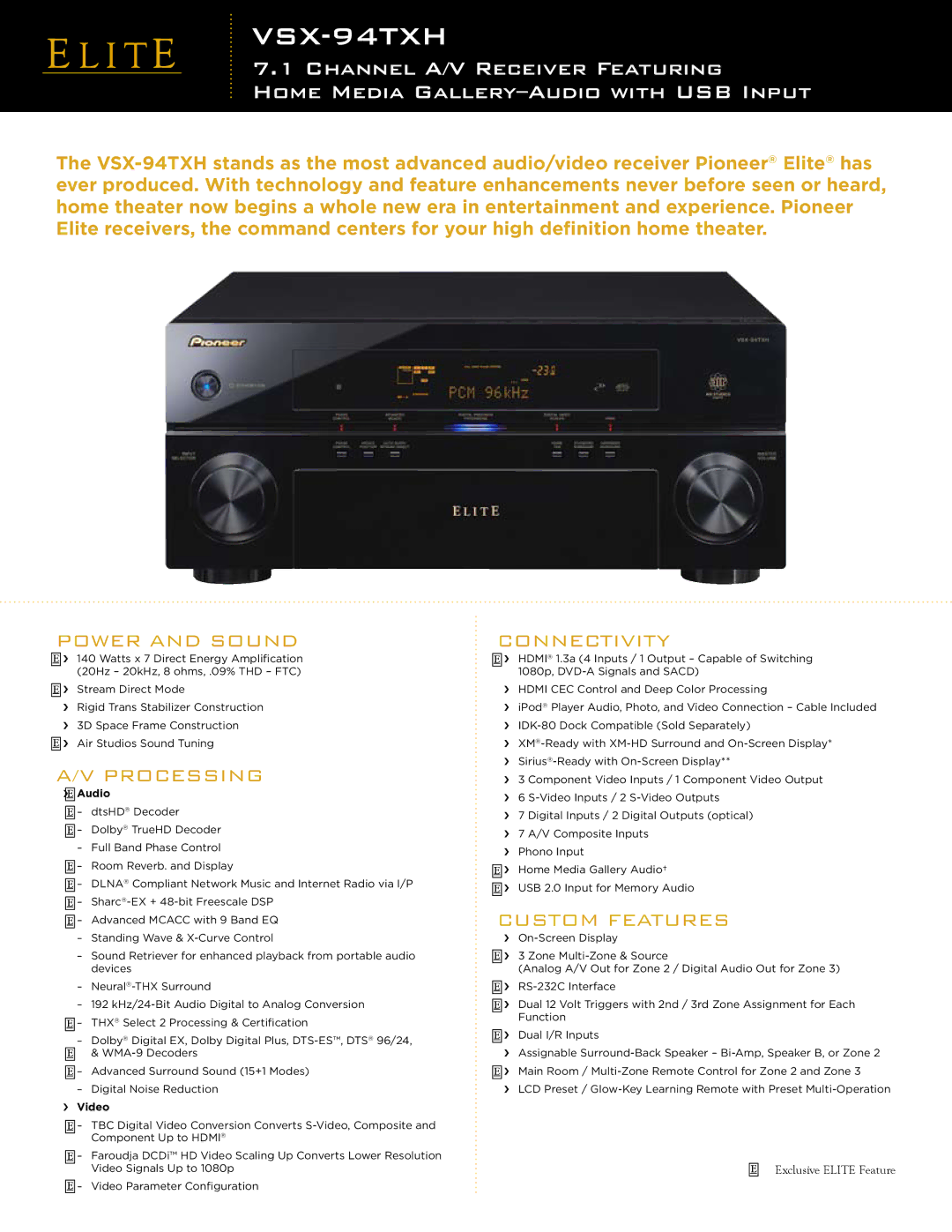 Elite VSX-94TXH manual Power and Sound, Processing, Custom Features, Connectivity 