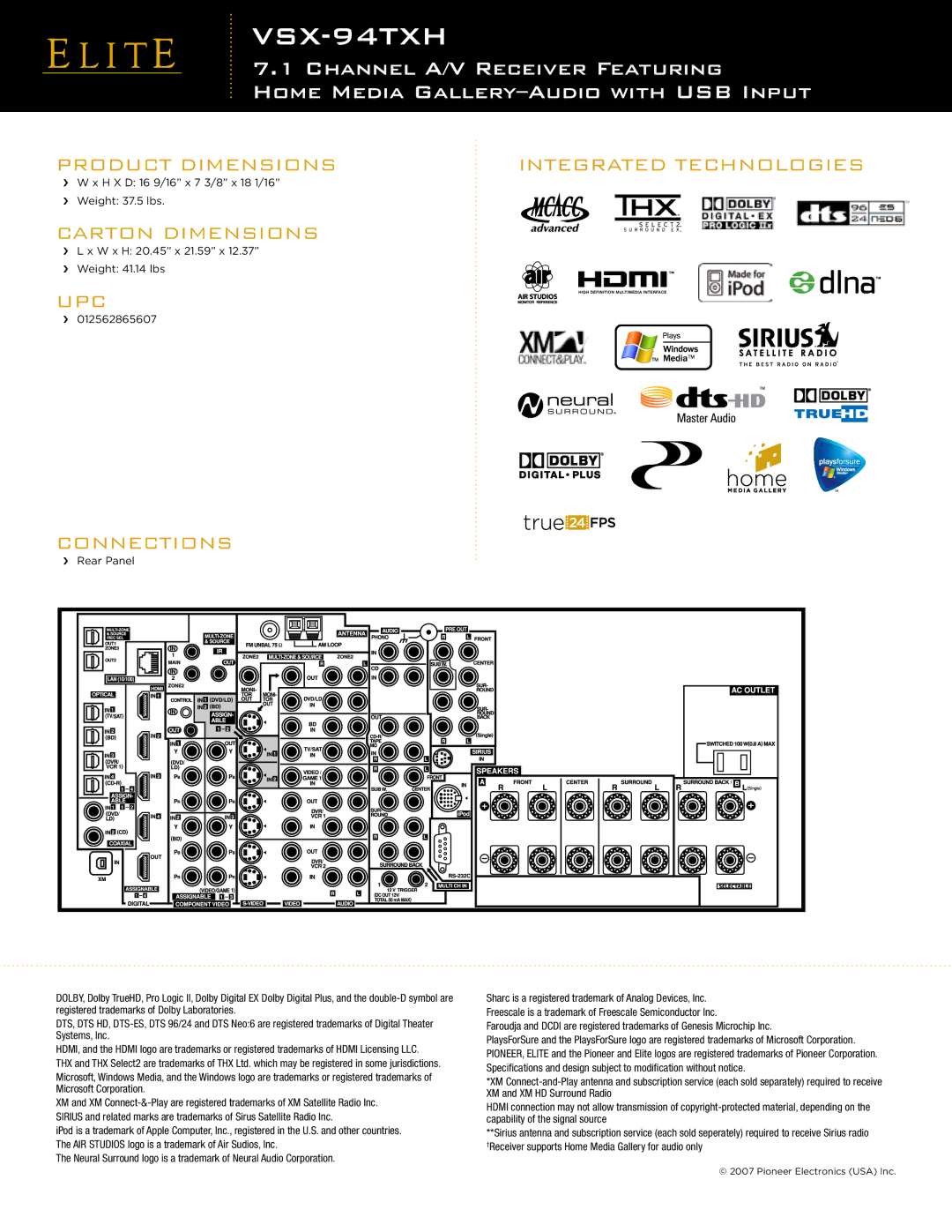 Elite VSX-94TXH manual Product D Imensions Integrated Technologies, Upc, Carton Dimensions, Connections 