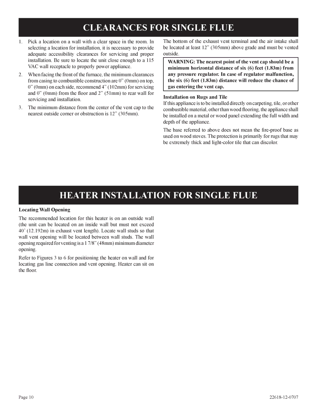 Elitegroup PV-28SV50-(BN,BP)-1, PV-28SV55-(CN,CP,GN,GP)-1 Clearances for Single Flue, Heater Installation for Single Flue 