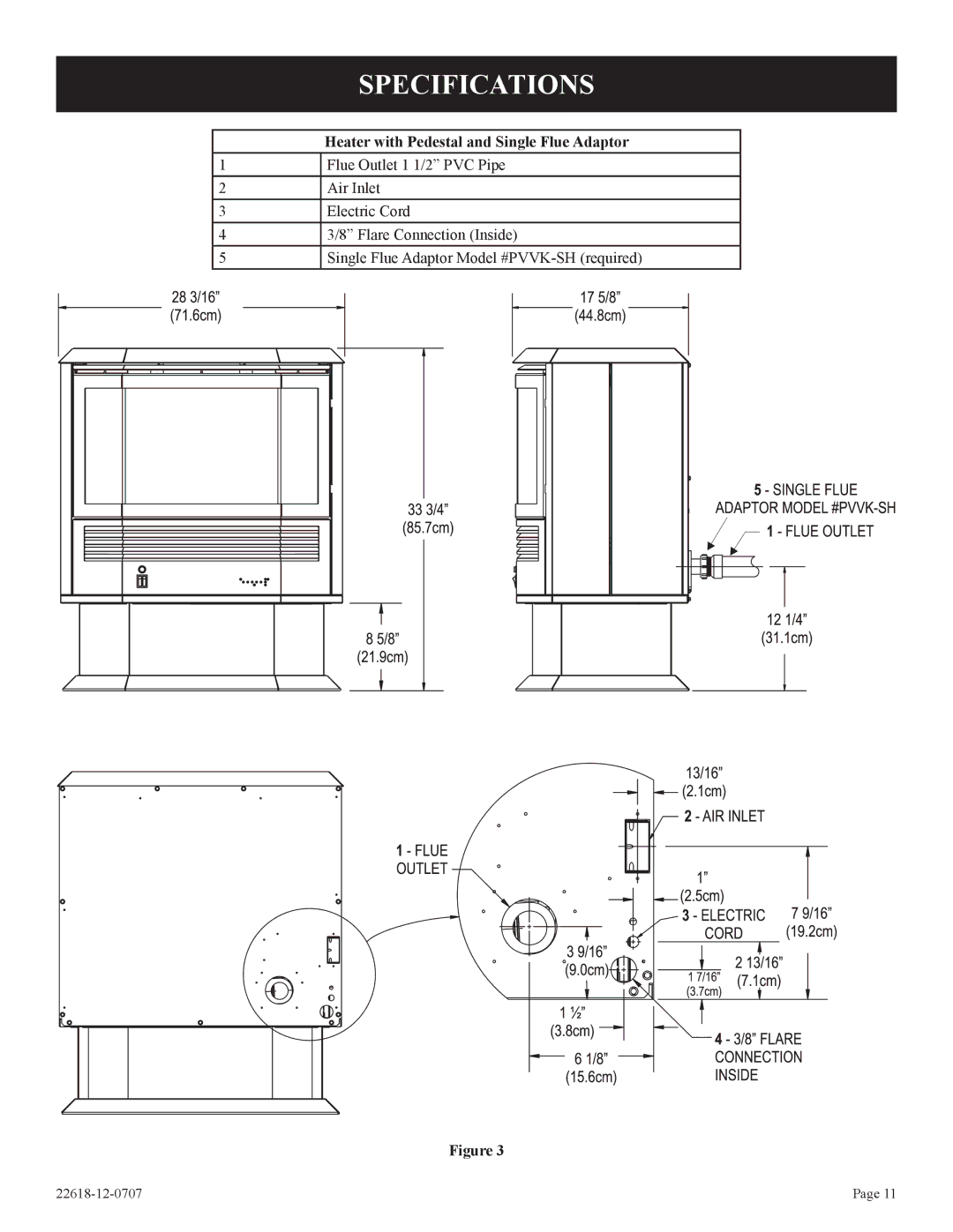 Elitegroup PV-28SV55-(CN,CP,GN,GP)-1, PV-28SV50-(BN,BP)-1 Specifications, Heater with Pedestal and Single Flue Adaptor 