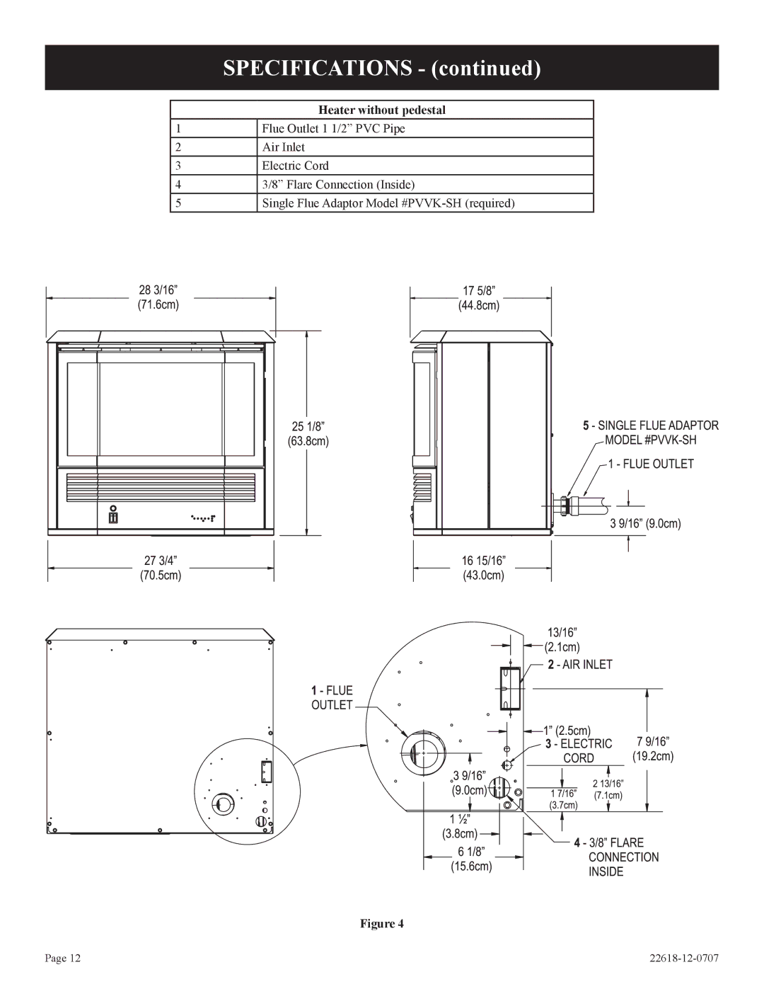 Elitegroup PV-28SV50-(BN,BP)-1, PV-28SV55-(CN,CP,GN,GP)-1 installation instructions Specifications, Heater without pedestal 