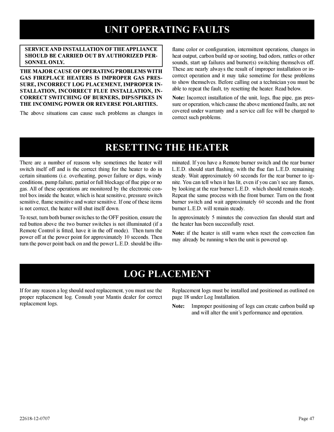 Elitegroup PV-28SV55-(CN,CP,GN,GP)-1, PV-28SV50-(BN,BP)-1 Unit Operating Faults, Resetting the Heater, LOG Placement 