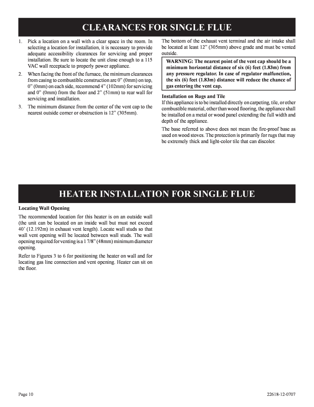 Elitegroup PV-28SV50-(BN,BP)-1 Clearances For Single Flue, Heater Installation For Single Flue, Locating Wall Opening 