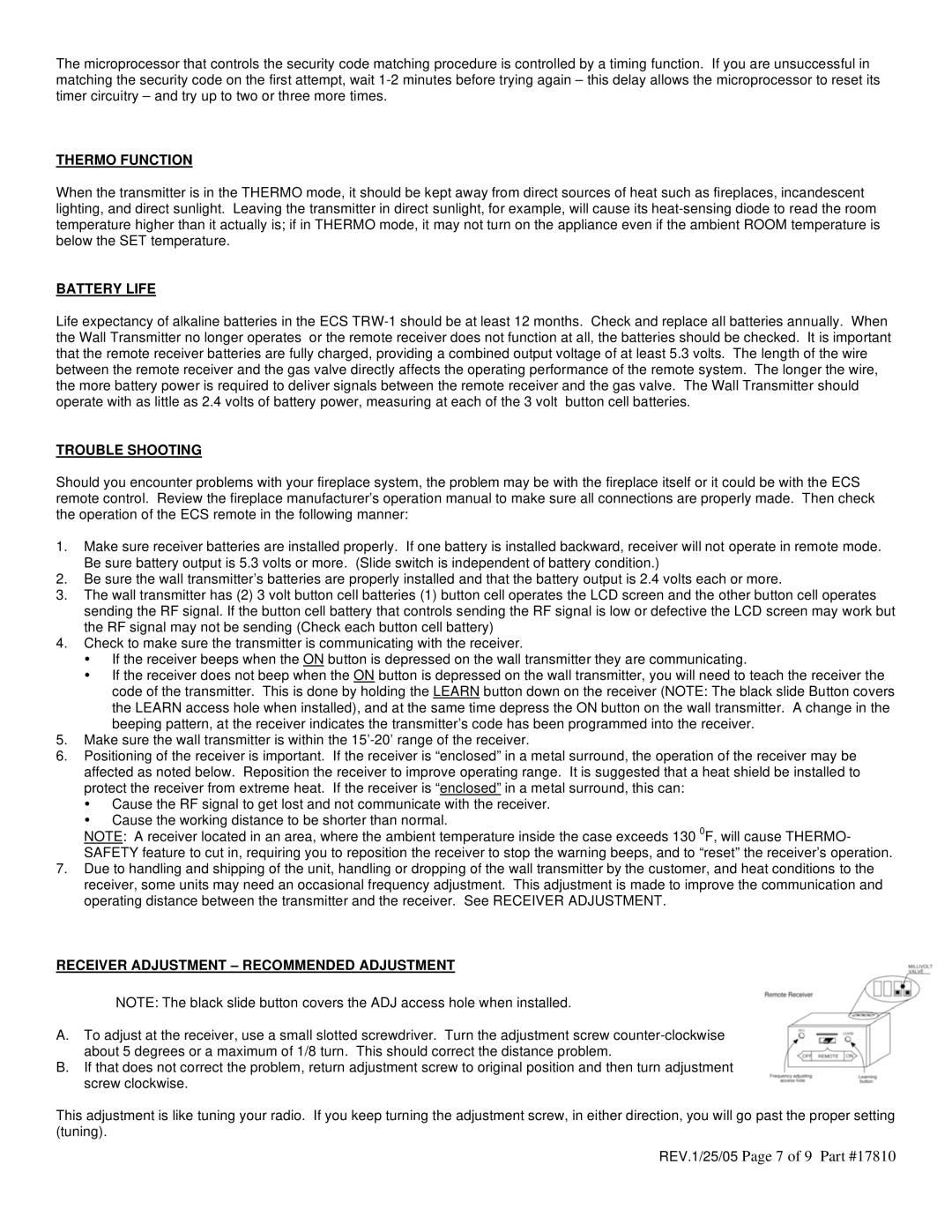 Elitegroup TRW-1 installation instructions REV.1/25/05 Page 7 of 9, Thermo Function, Battery Life, Trouble Shooting 