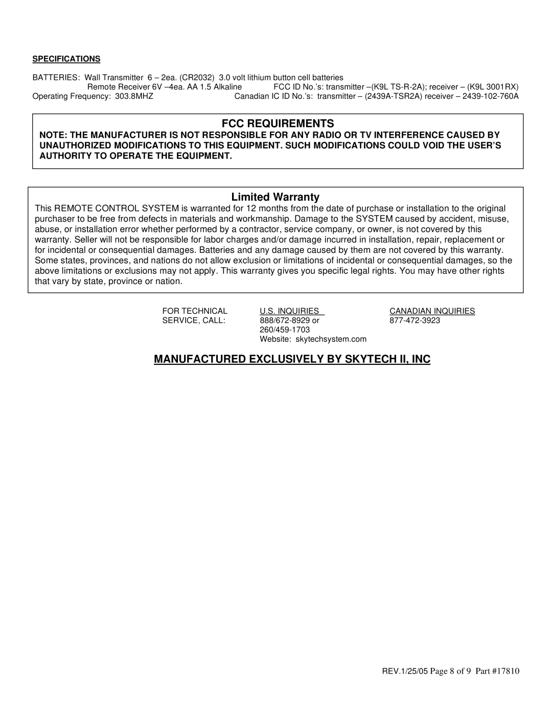 Elitegroup TRW-1 FCC Requirements, Manufactured Exclusively by Skytech II, INC, REV.1/25/05 Page 8 of 9, Specifications 