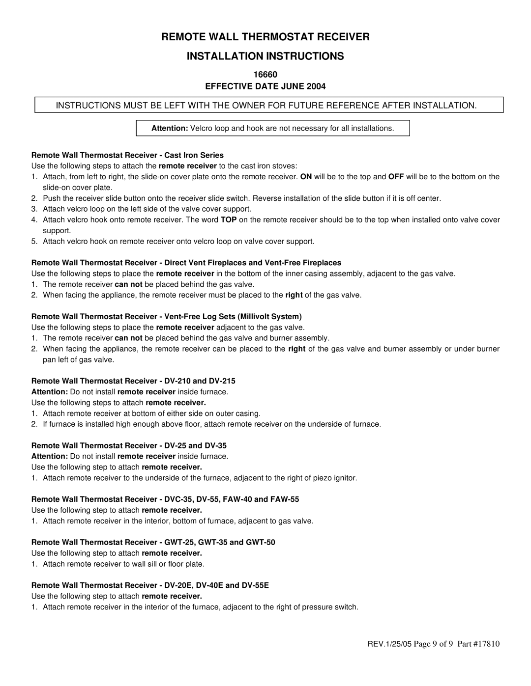 Elitegroup TRW-1 Remote Wall Thermostat Receiver Installation Instructions, REV.1/25/05 Page 9 of 9 