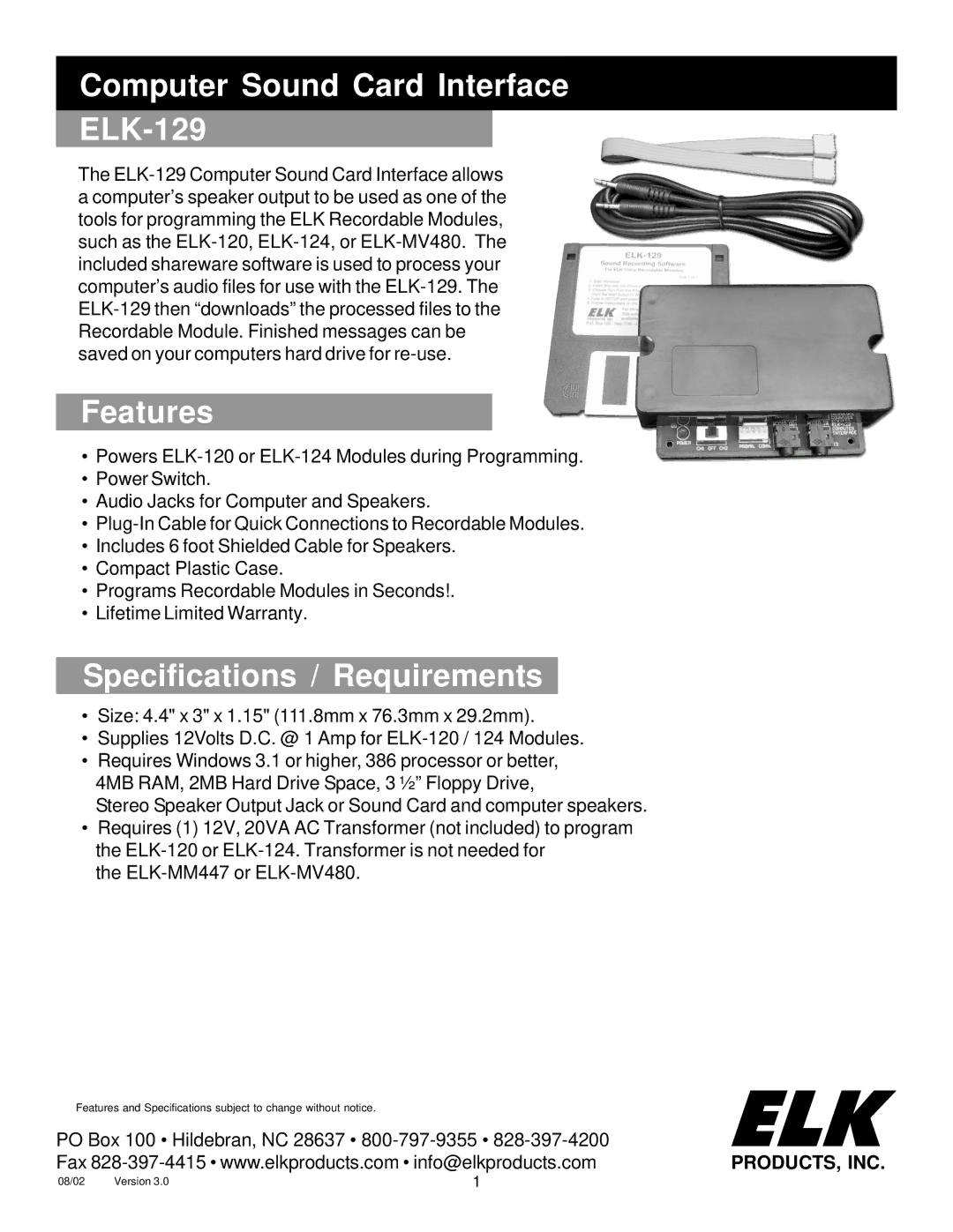 Elk 129 specifications Elk 