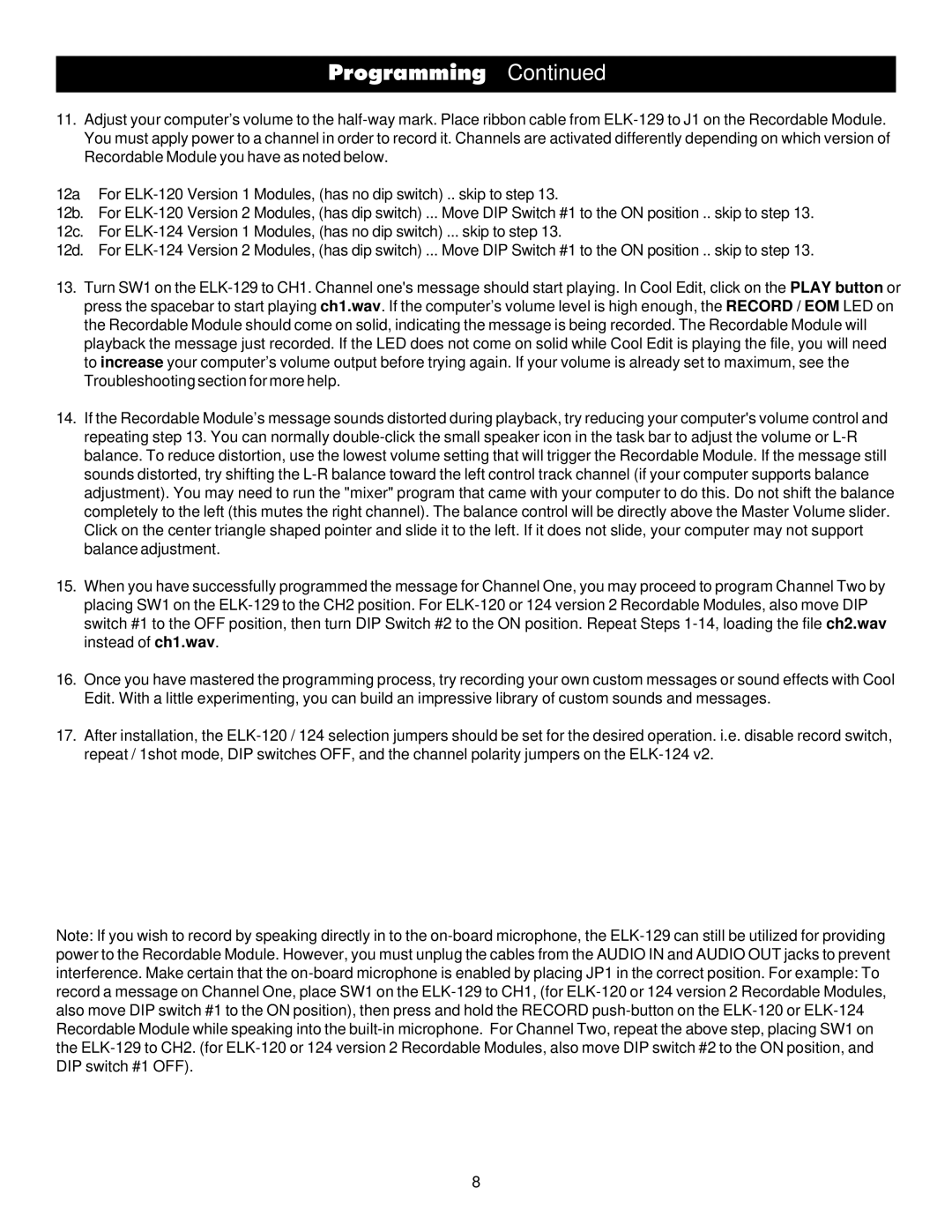 Elk 129 specifications Programming 