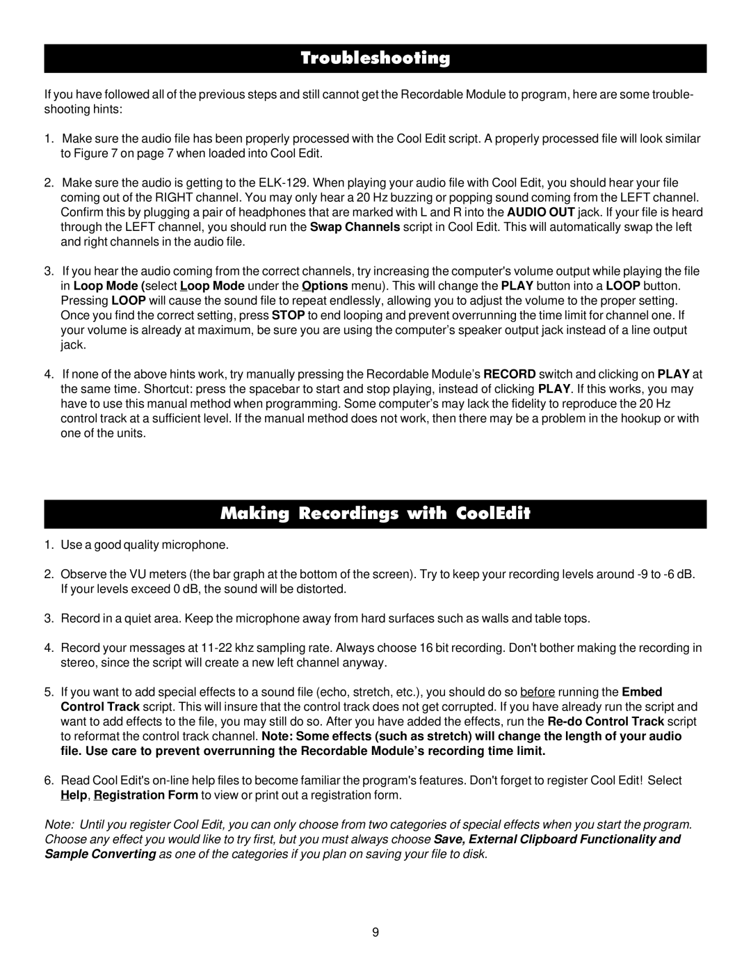 Elk 129 specifications Troubleshooting, Making Recordings with CoolEdit 