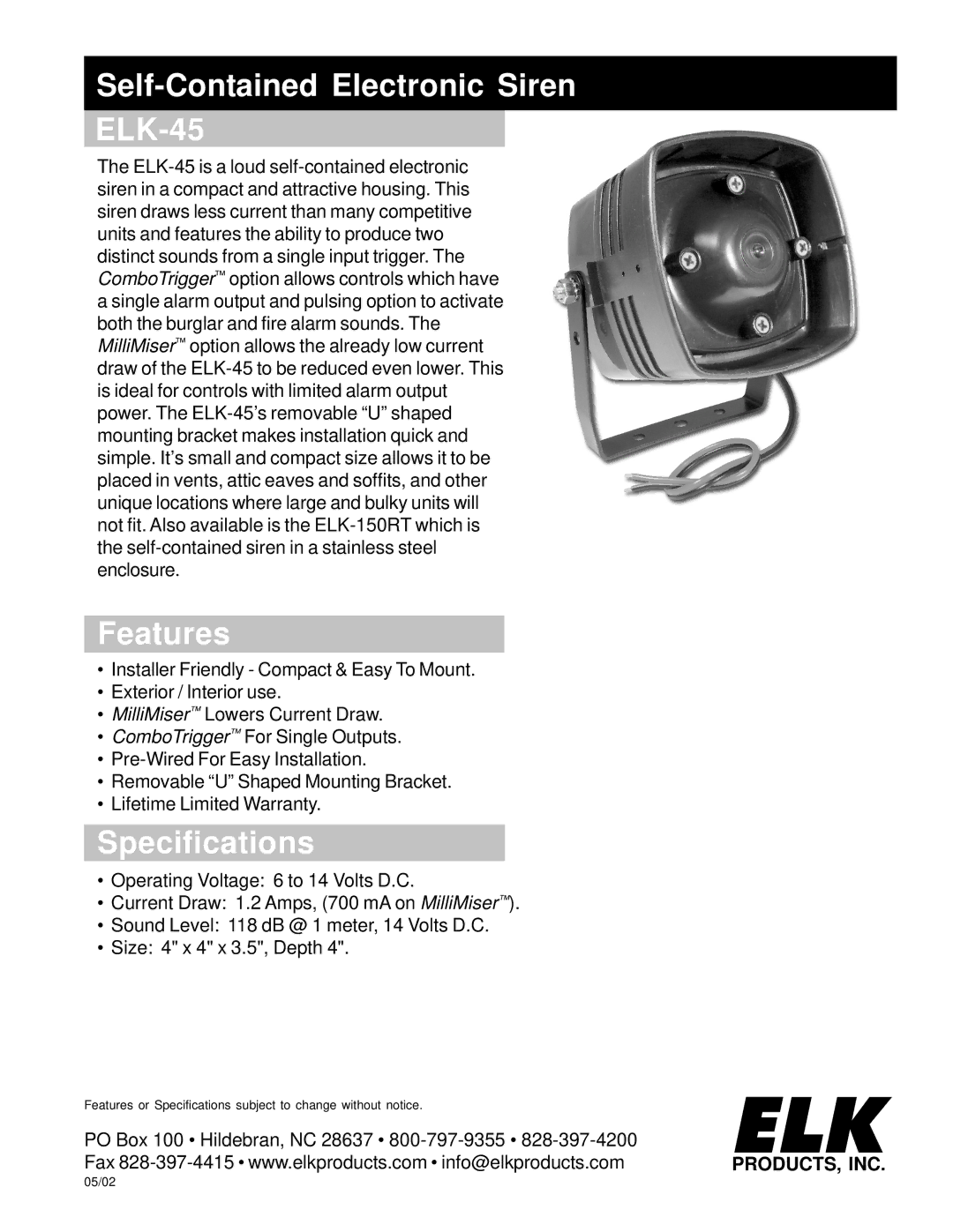 Elk specifications Elk, Self-Contained Electronic Siren ELK-45, Features, Specifications 