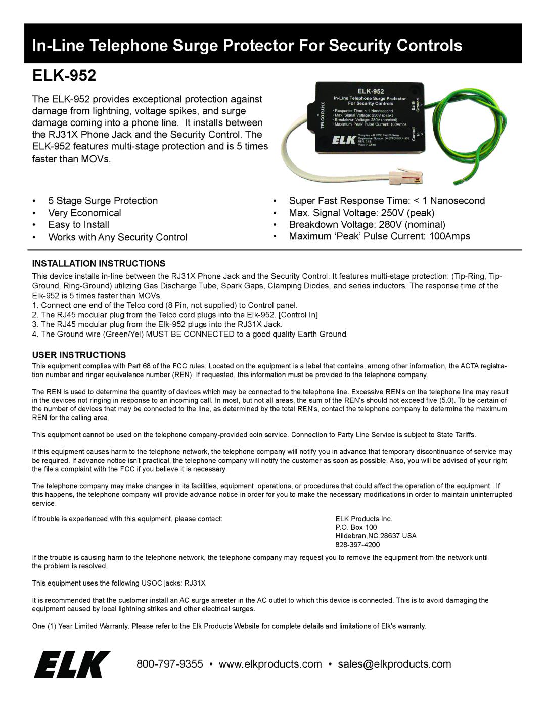 Elk installation instructions In-Line Telephone Surge Protector For Security Controls, ELK-952, User Instructions 