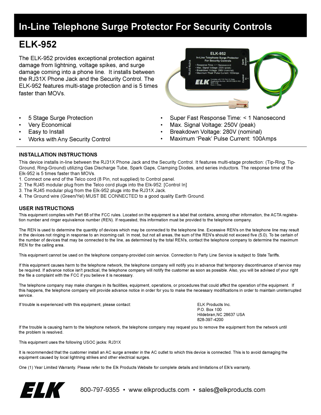 Elk installation instructions In-Line Telephone Surge Protector For Security Controls, ELK-952, Stage Surge Protection 