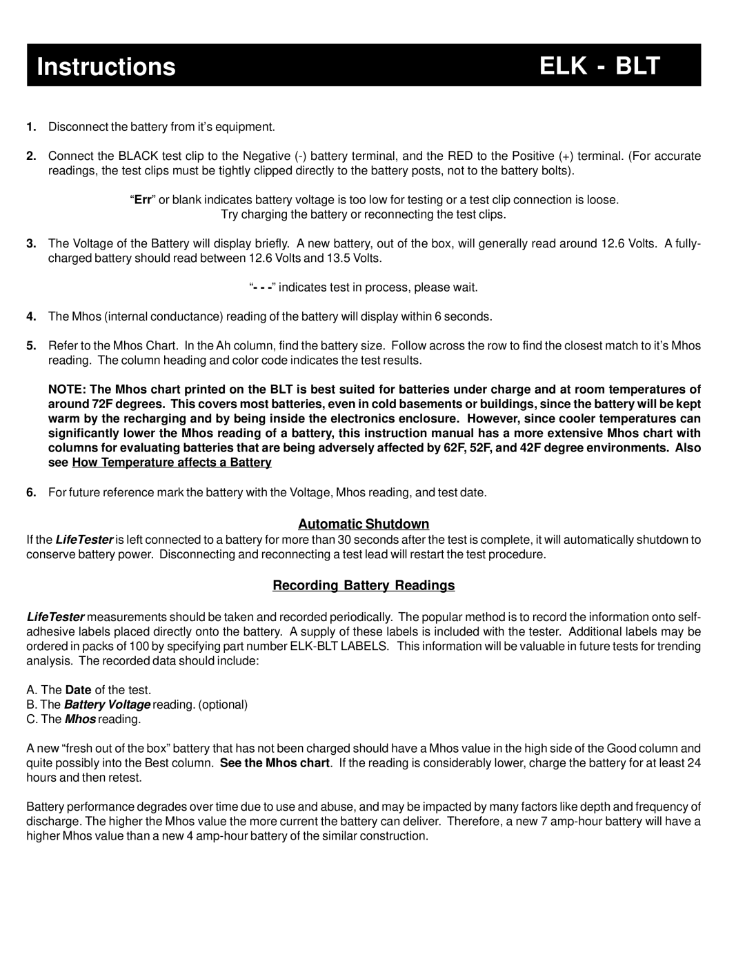 Elk BLT specifications Automatic Shutdown, Recording Battery Readings 