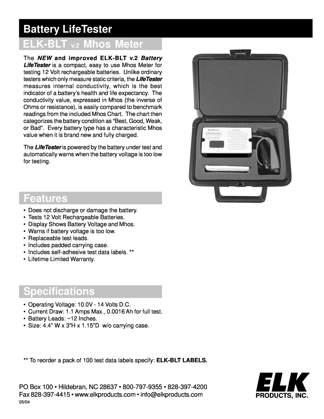 Elk specifications Battery LifeTester ELK-BLT v.2 Mhos Meter, Features, Specifications, Products, Inc 