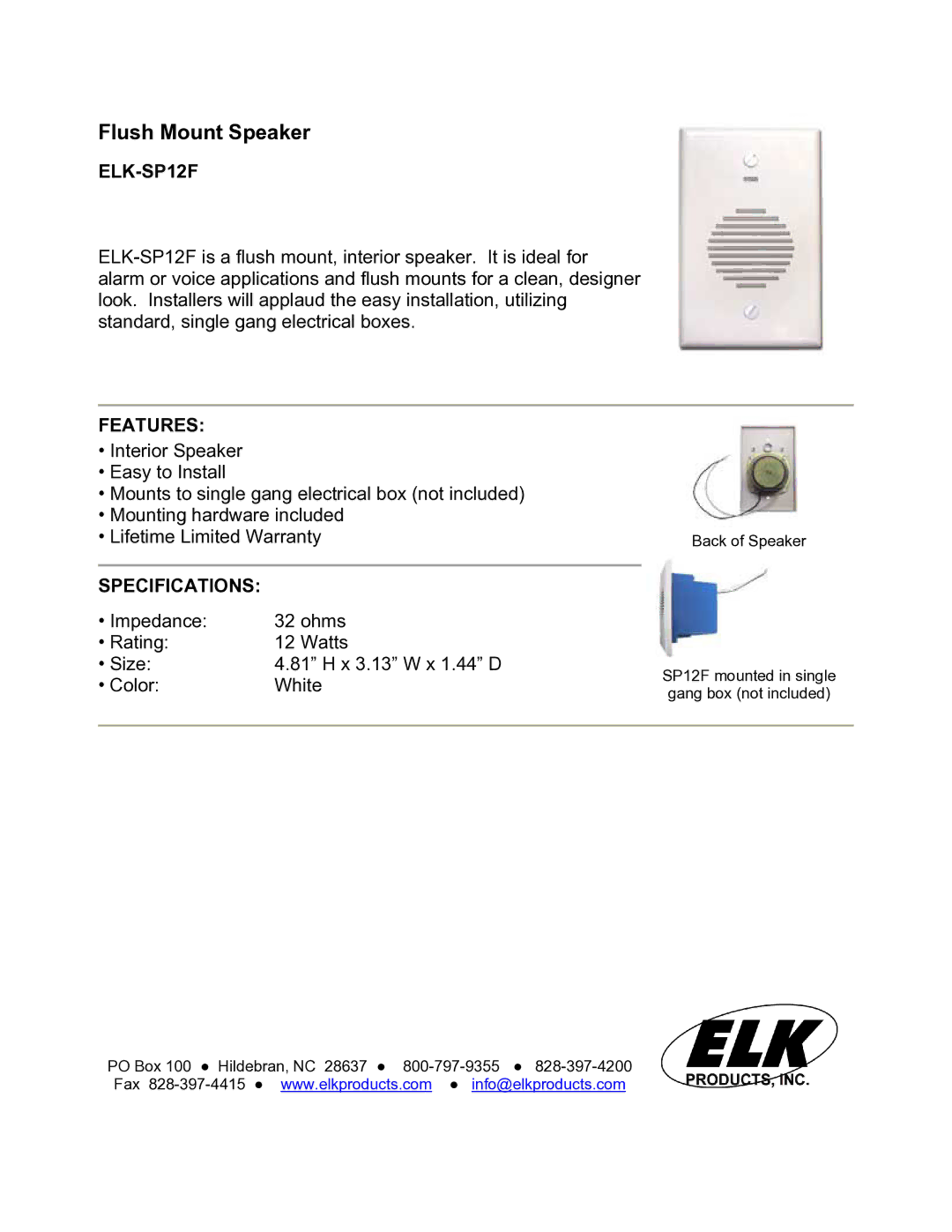 Elk EL-SP12F manual Flush Mount Speaker, ELK-SP12F, Features, Specifications 