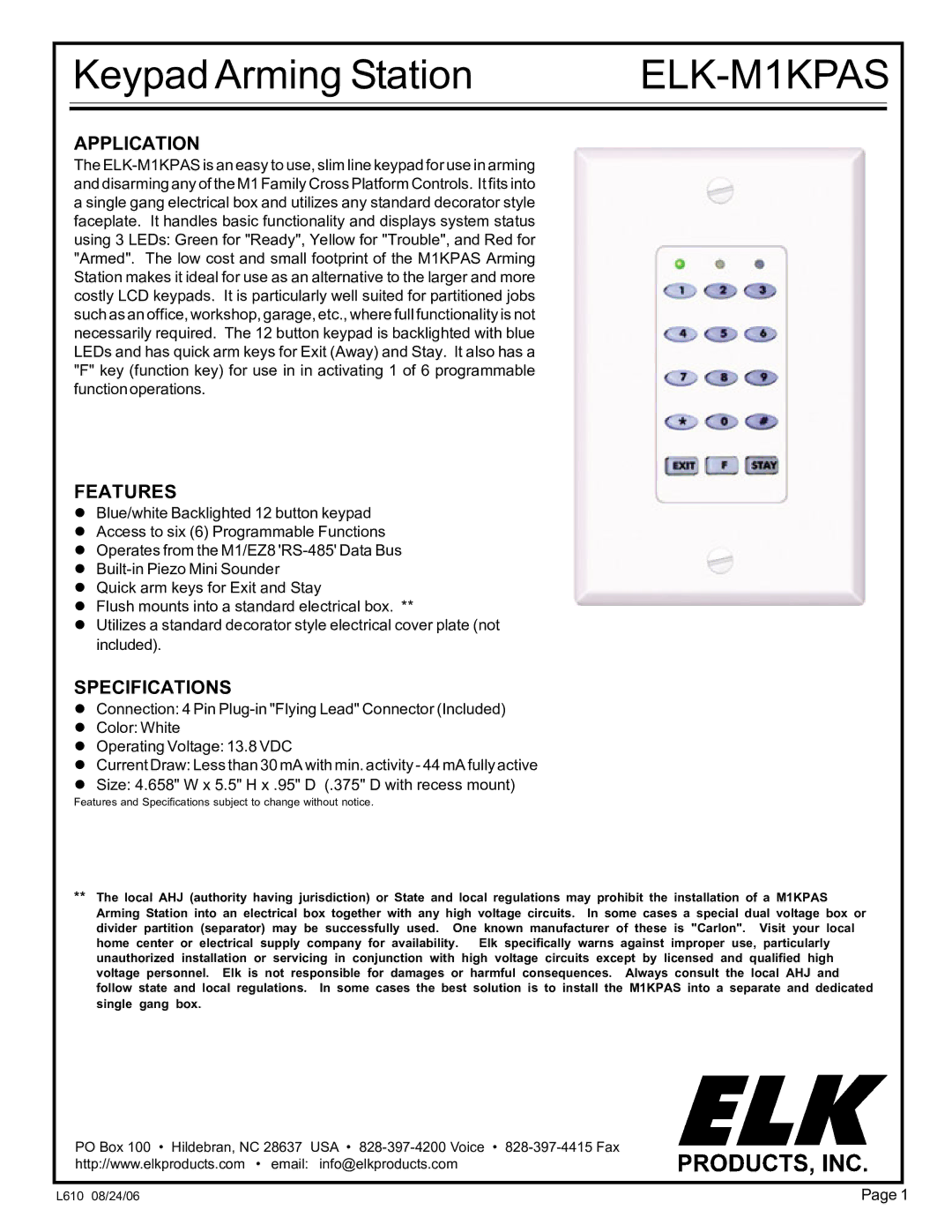 Elk M1KPAS specifications Application, Features, Specifications 