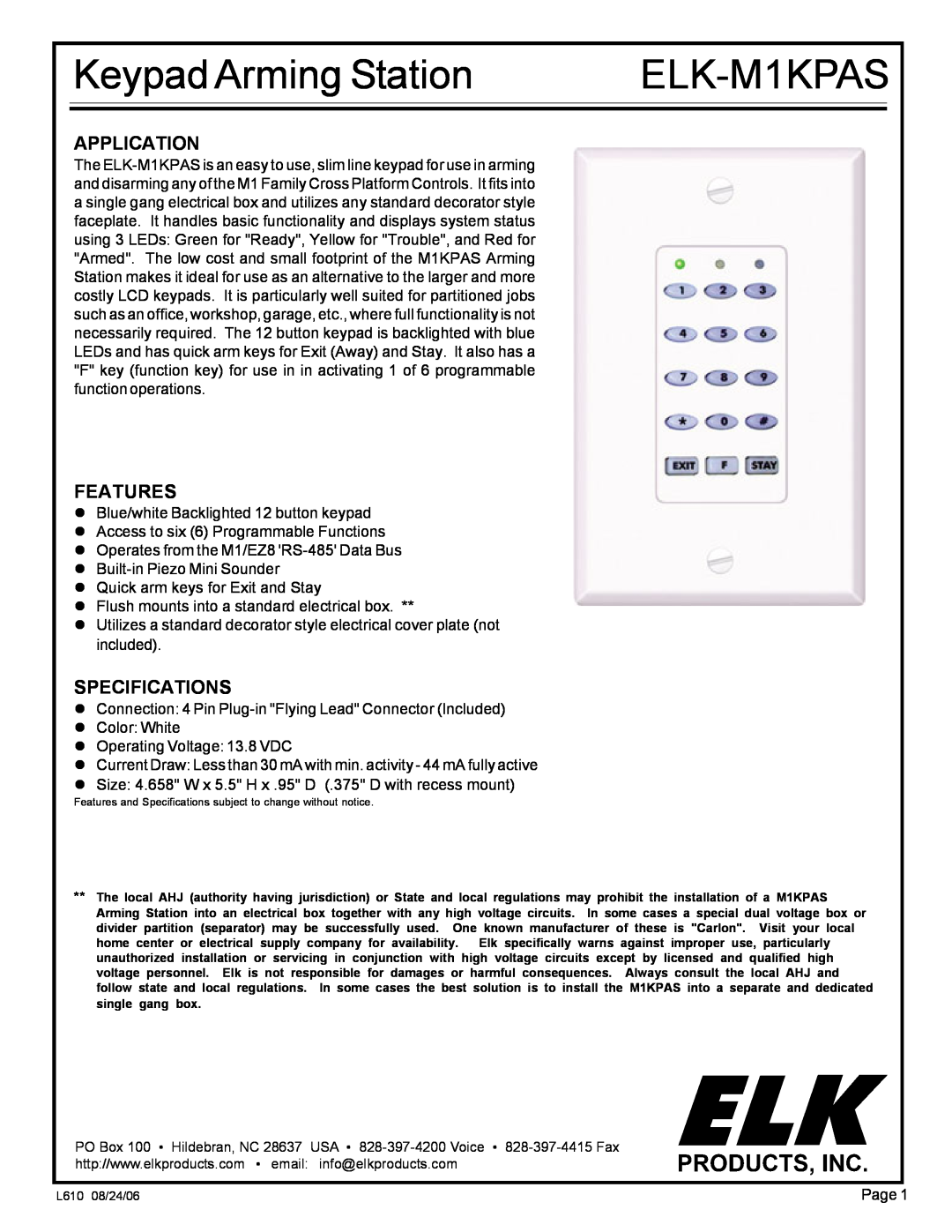Elk specifications Application, Features, Specifications, Keypad Arming Station, ELK-M1KPAS 