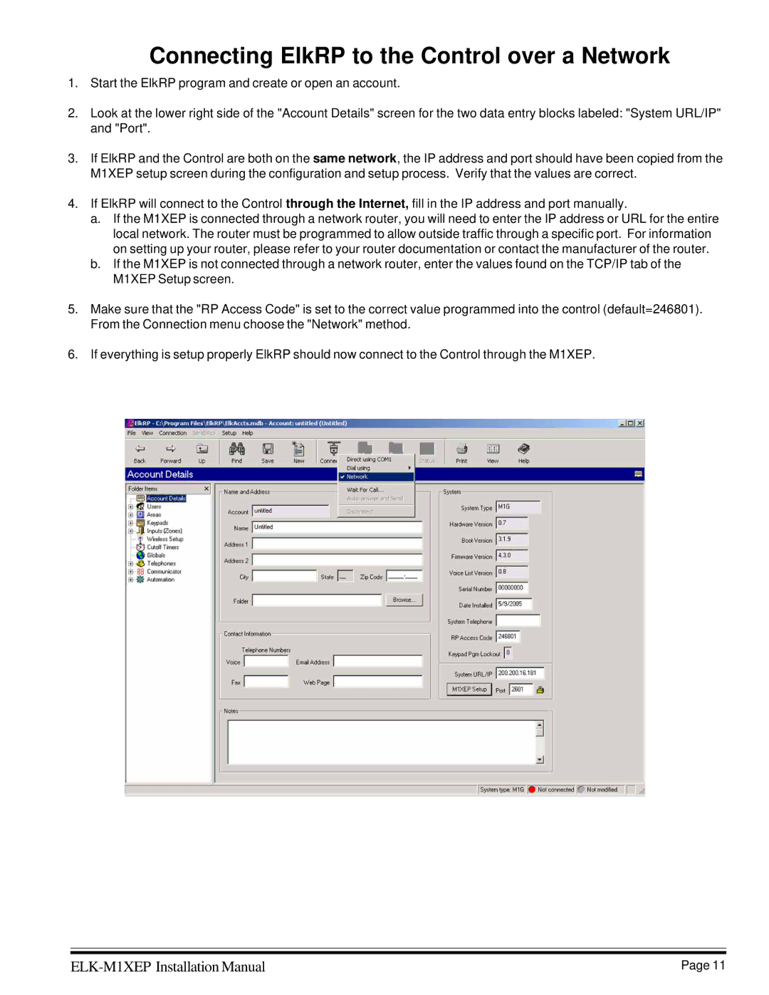 Elk M1XEP installation manual Connecting ElkRP to the Control over a Network 