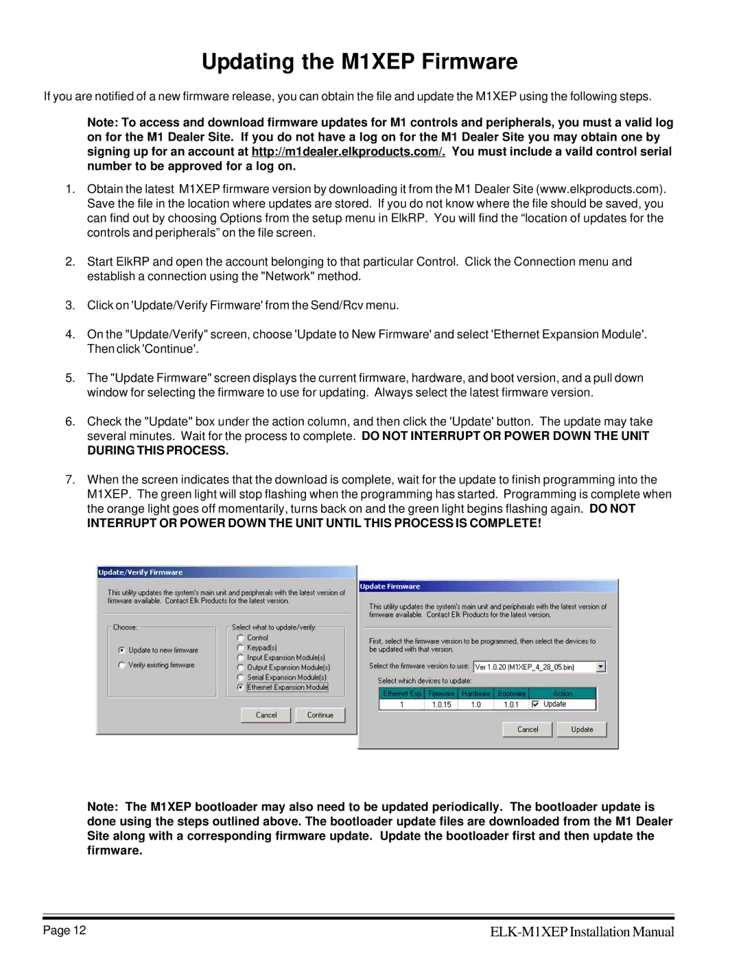 Elk installation manual Updating the M1XEP Firmware, During this Process 