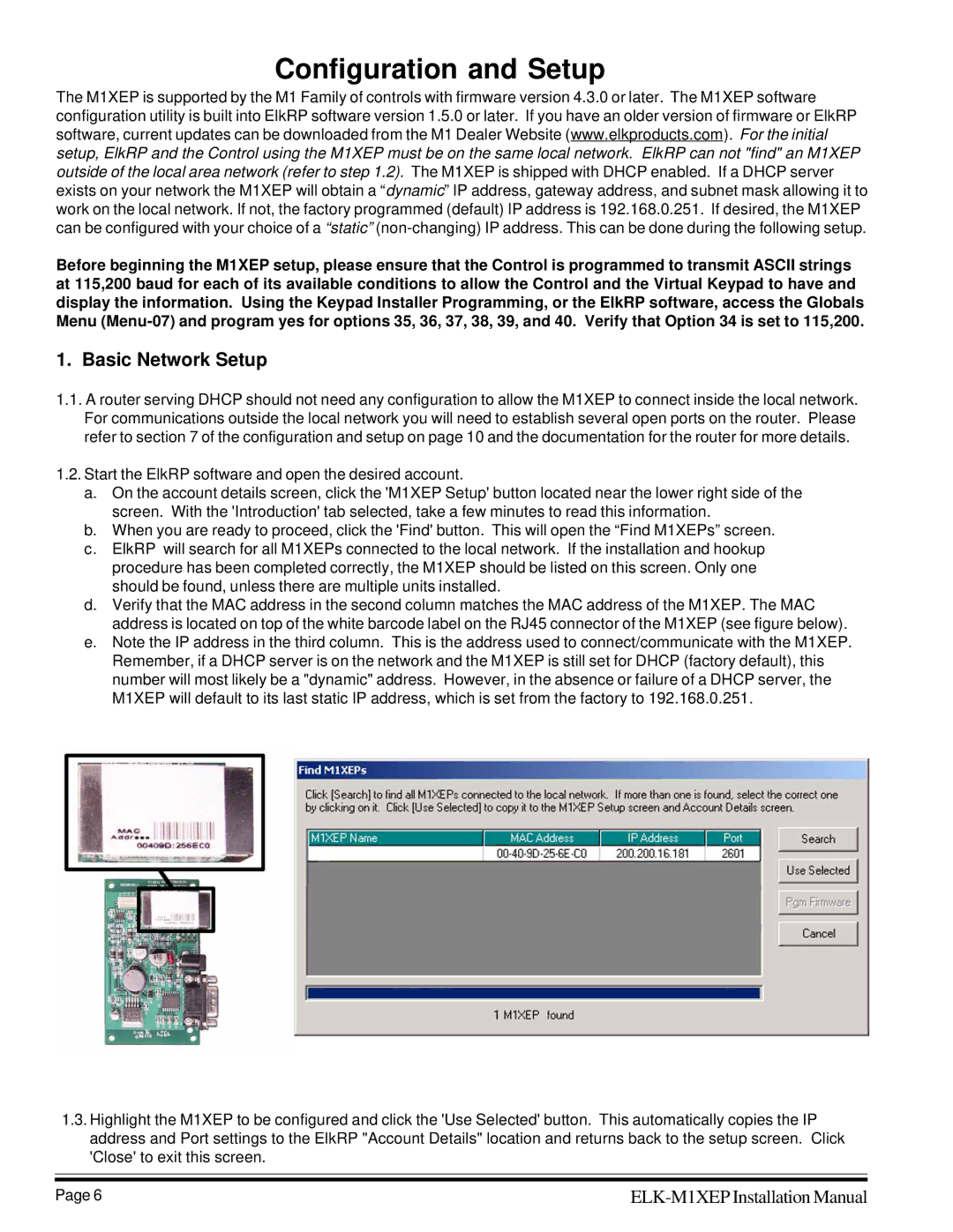 Elk M1XEP installation manual Configuration and Setup, Basic Network Setup 