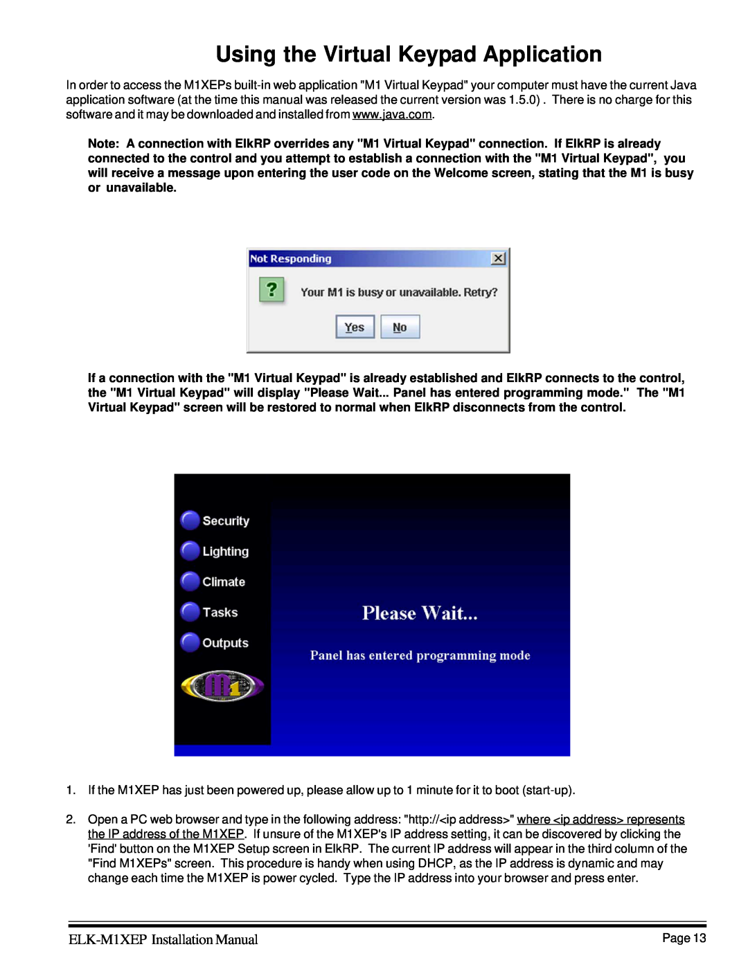 Elk installation manual Using the Virtual Keypad Application, ELK-M1XEP Installation Manual 