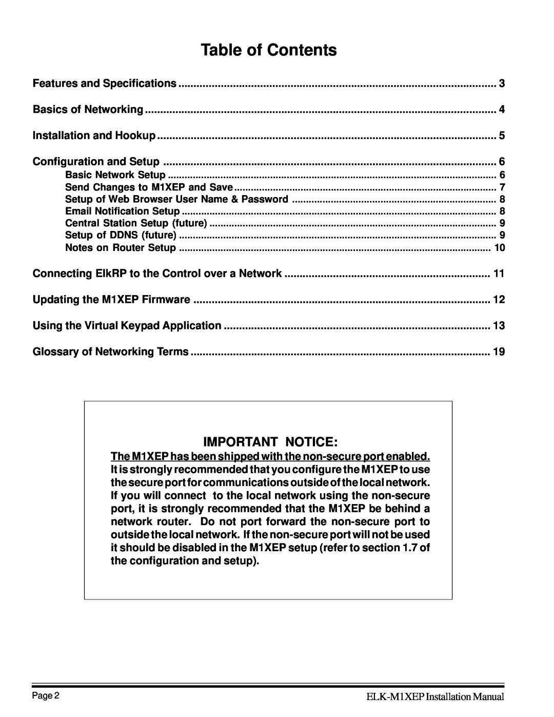 Elk M1XEP installation manual Table of Contents, Important Notice 