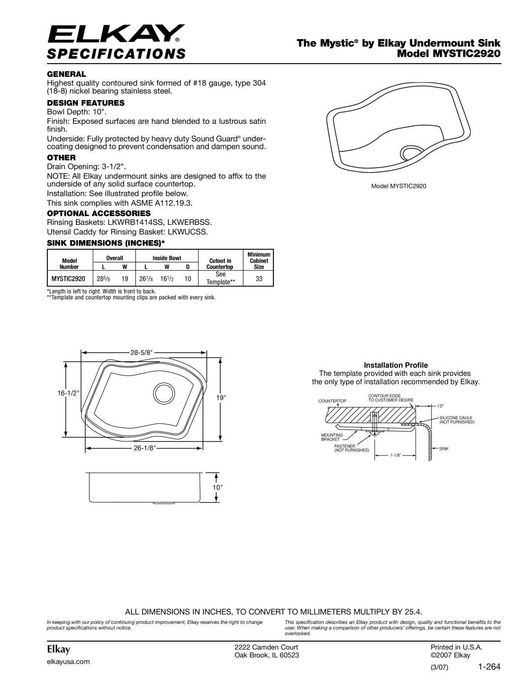 Elkay specifications Specifications, Mystic by Elkay Undermount Sink, Model MYSTIC2920 