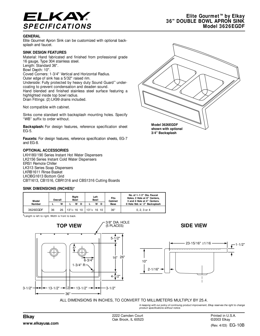 Elkay 3626EGDF specifications Specifications, TOP View, Side View 