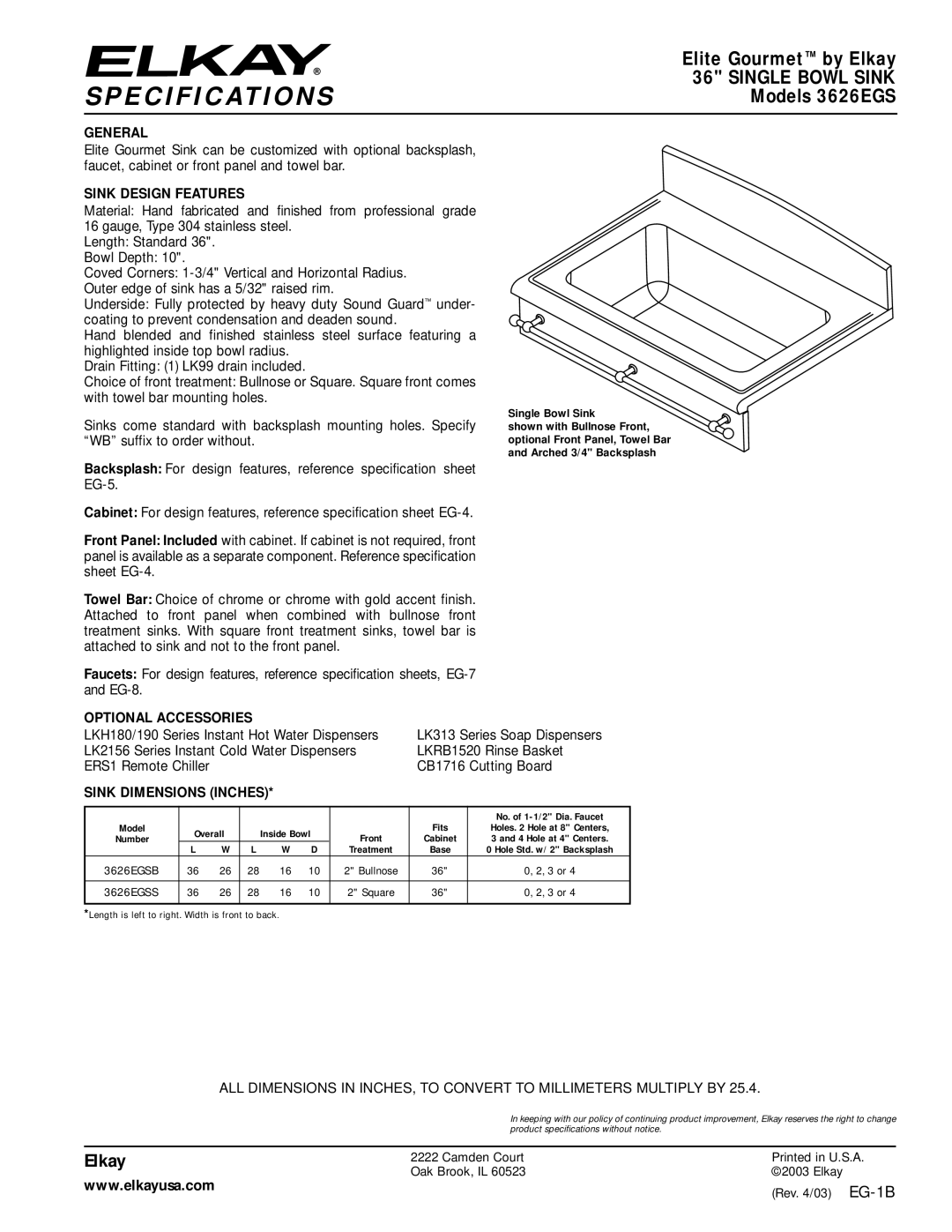 Elkay specifications Specifications, Elite Gourmet by Elkay, Models 3626EGS 