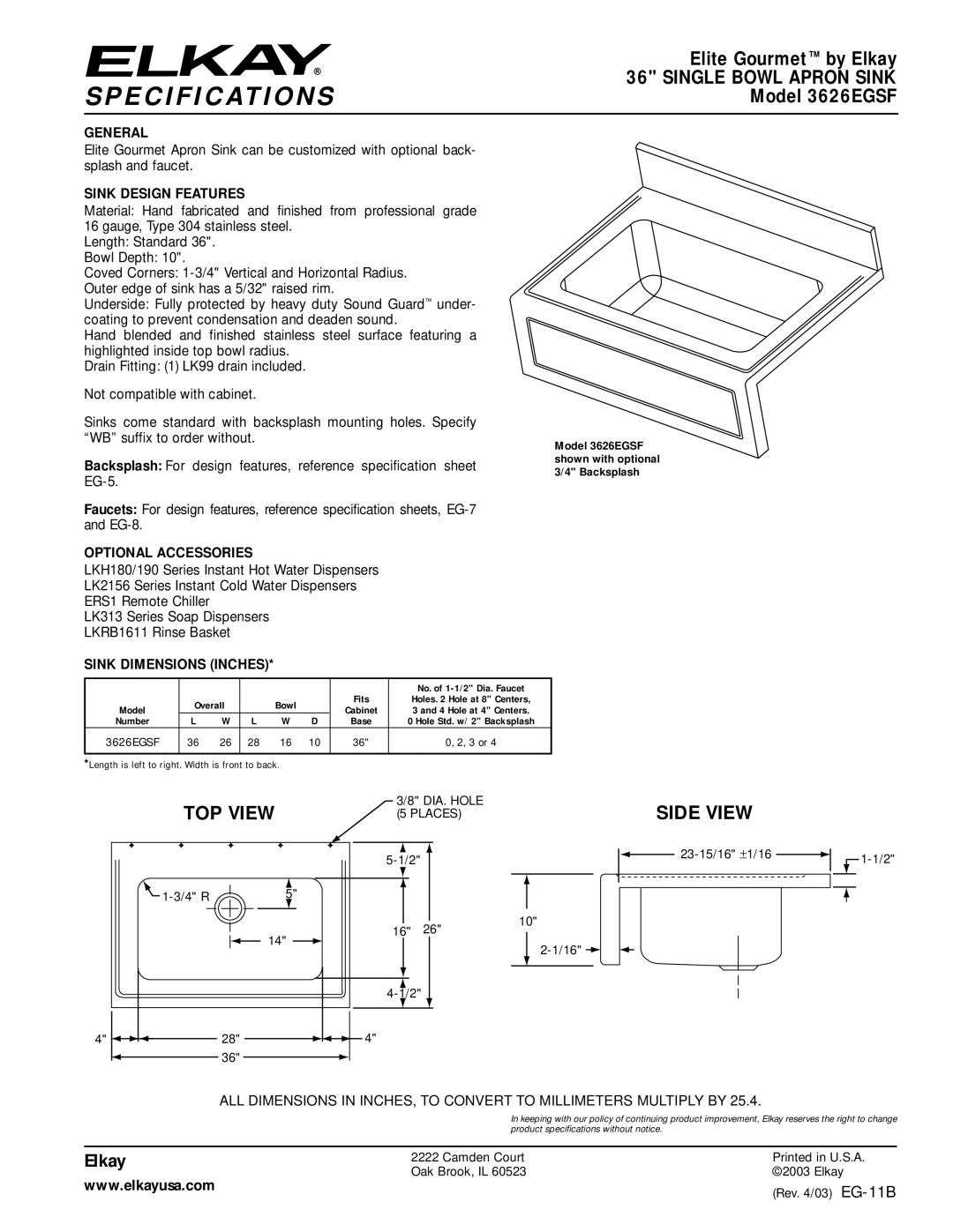 Elkay 3626EGSF specifications Specifications, TOP View, Side View 