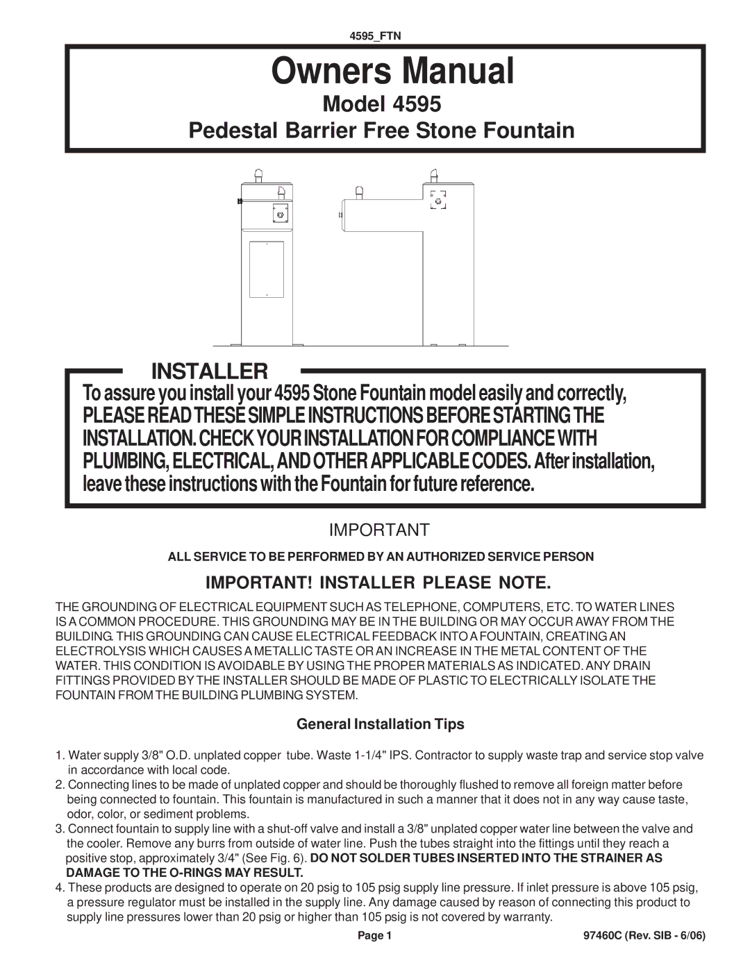 Elkay 4595 owner manual General Installation Tips, ALL Service to be Performed by AN Authorized Service Person 