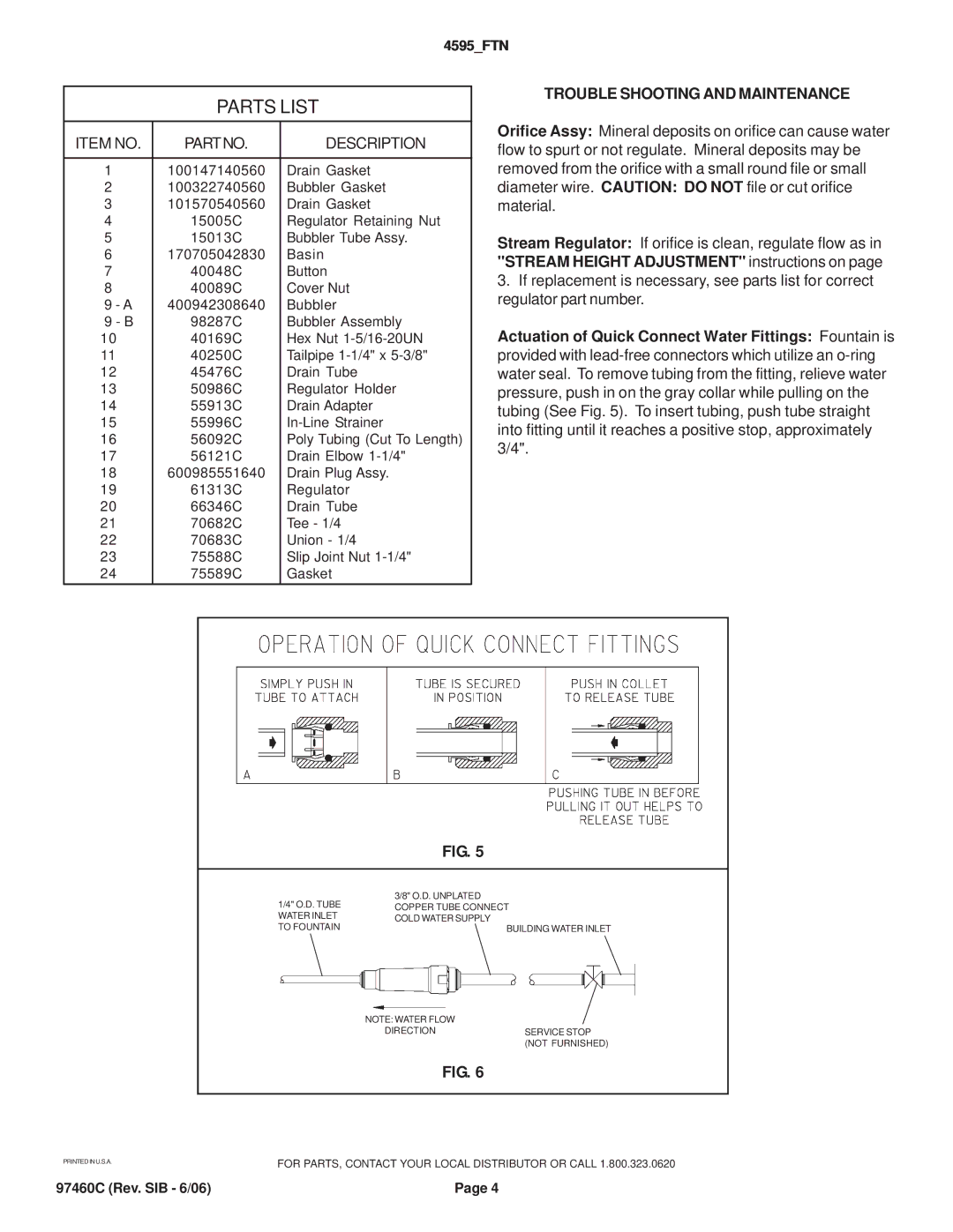 Elkay 4595 owner manual Parts List, Trouble Shooting and Maintenance 