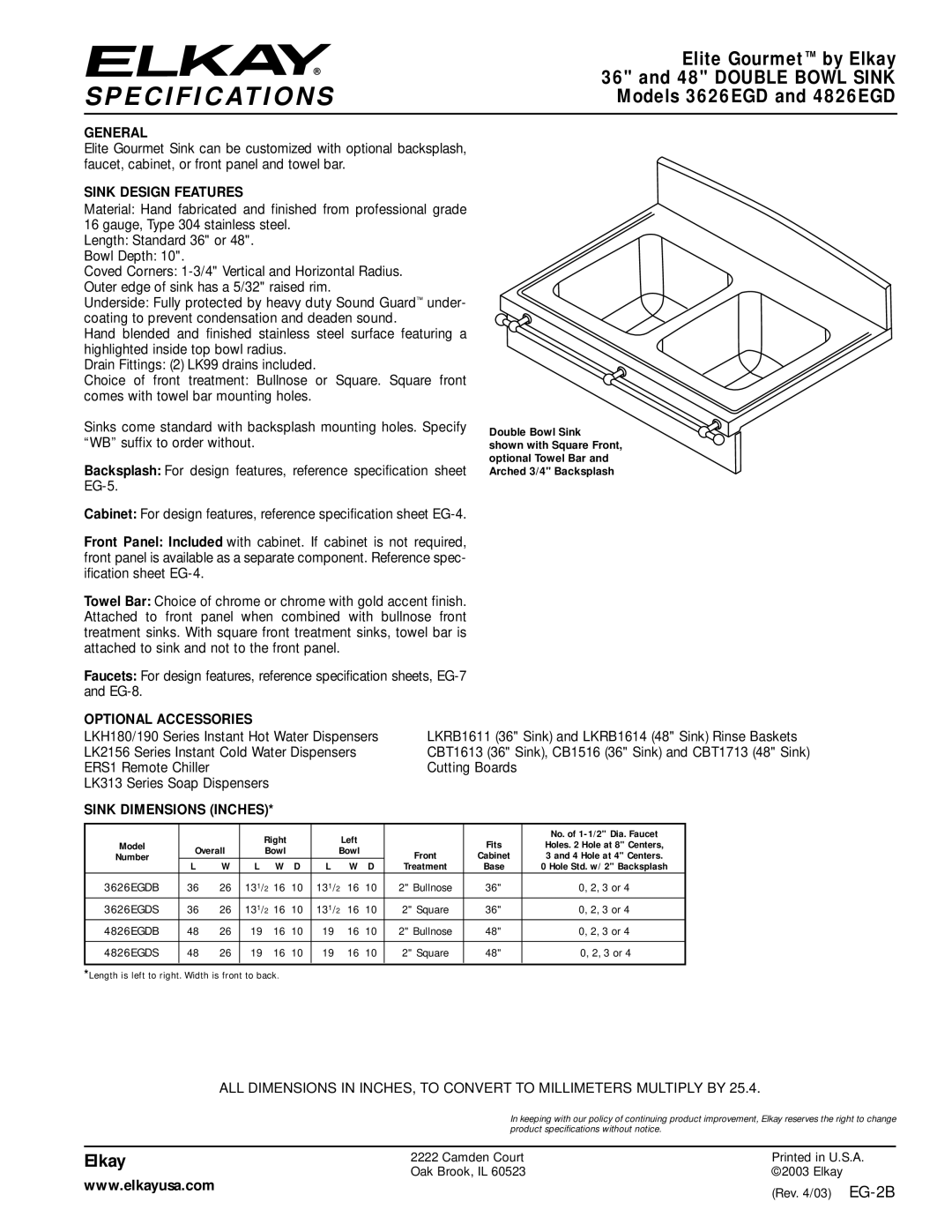 Elkay specifications Specifications, Elite Gourmet by Elkay, Models 3626EGD and 4826EGD 