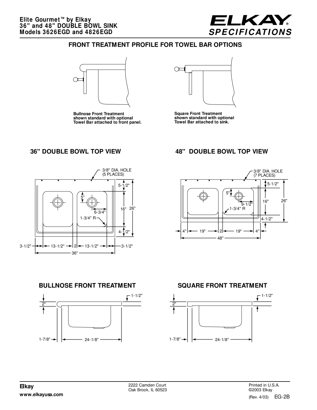 Elkay 4826EGD, 3626EGD Elite Gourmet by Elkay 48 Double Bowl Sink, Front Treatment Profile for Towel BAR Options 