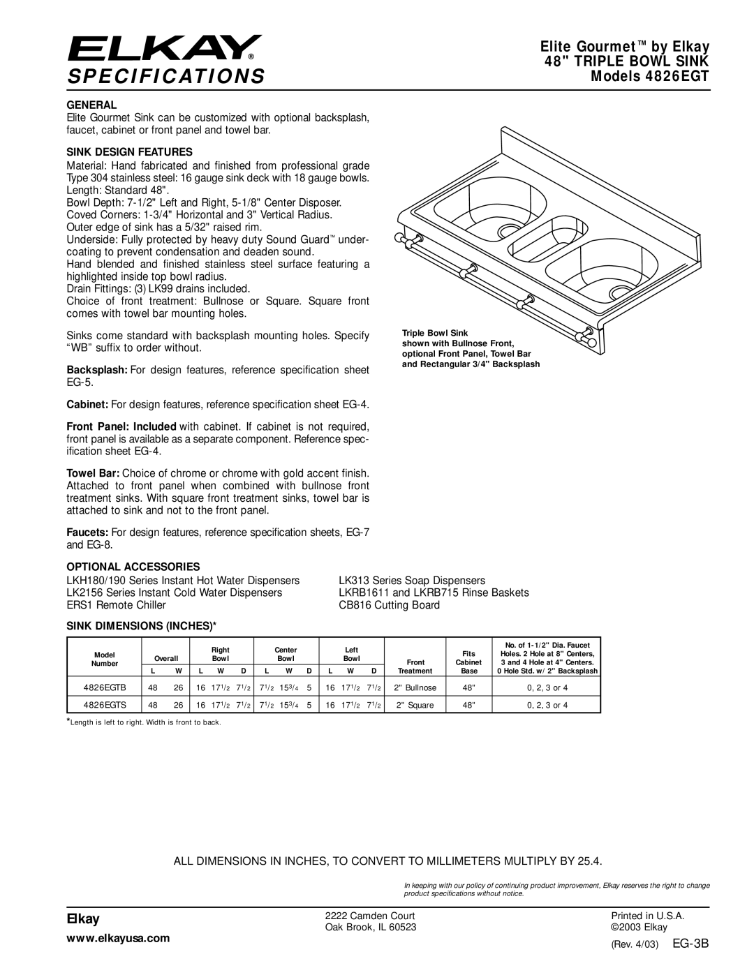 Elkay specifications Specifications, Elite Gourmet by Elkay, Models 4826EGT 