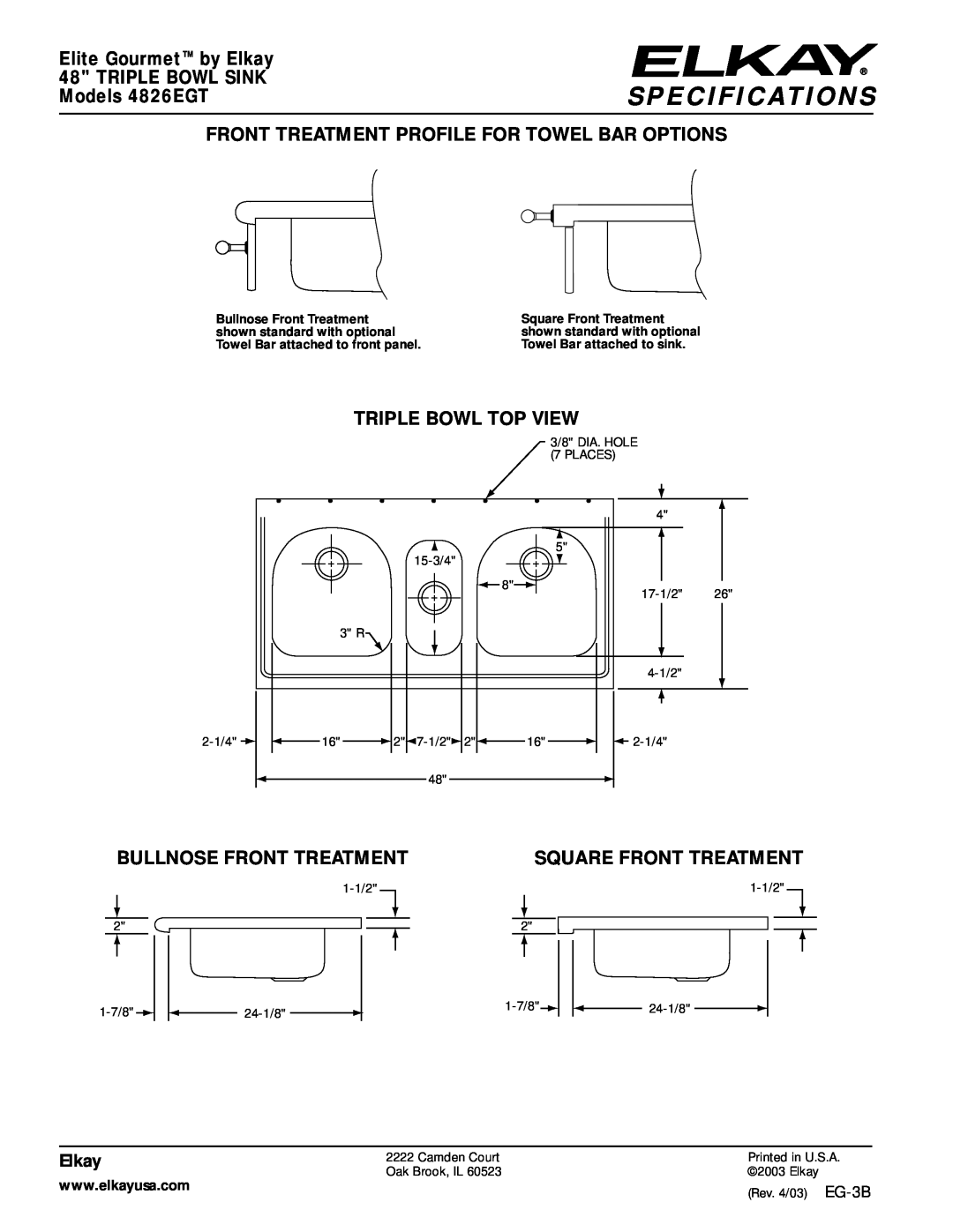 Elkay 4826EGT Triple Bowl Sink, Front Treatment Profile For Towel Bar Options, Triple Bowl Top View, Specifications, Elkay 