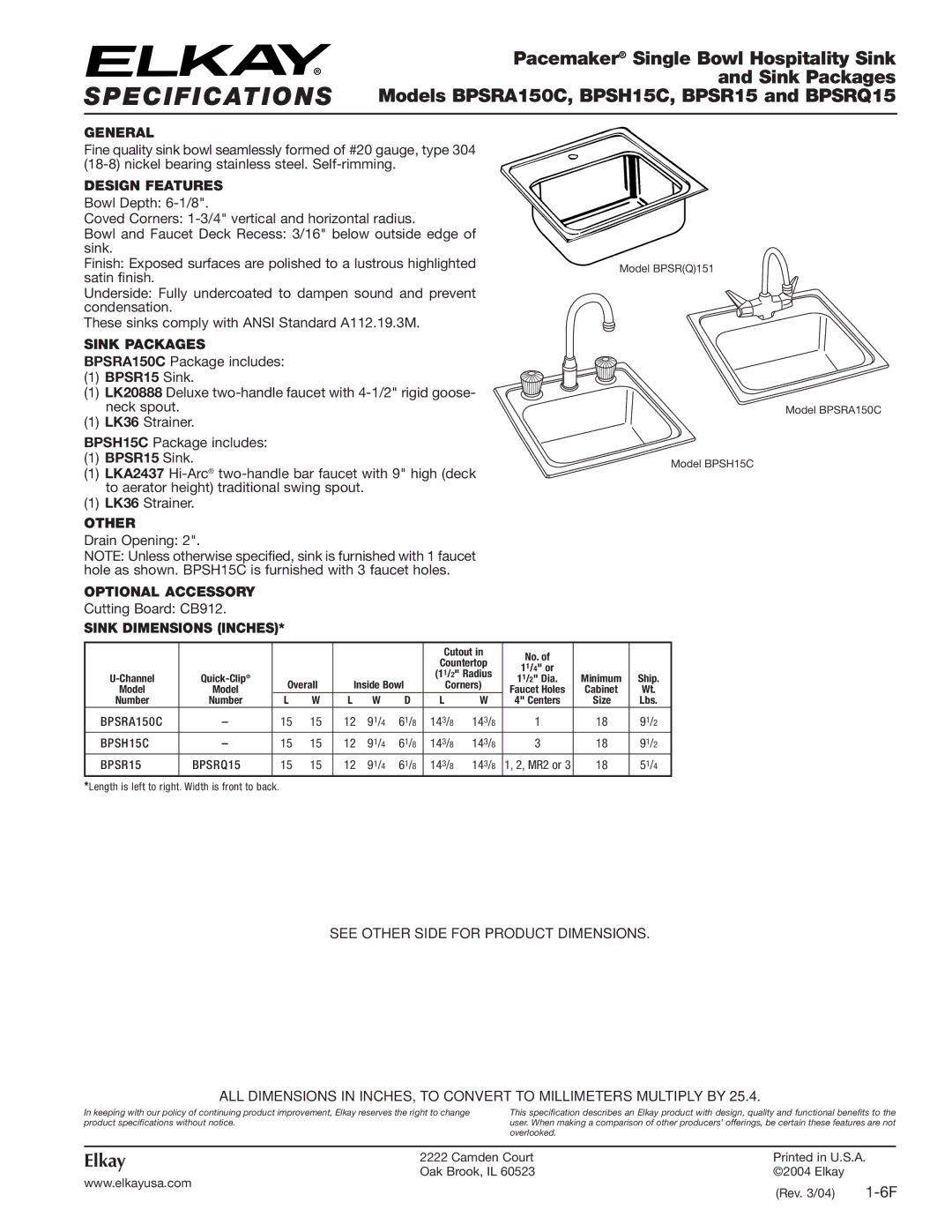 Elkay BPSH15C, BPSRQ15, BPSR15, BPSRA150C specifications Elkay 