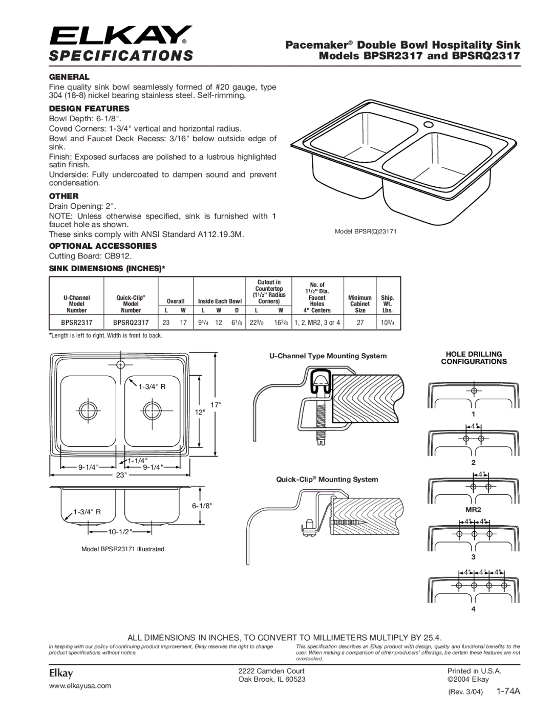 Elkay BPSR23171 specifications Specifications, Pacemaker Double Bowl Hospitality Sink, Models BPSR2317 and BPSRQ2317 