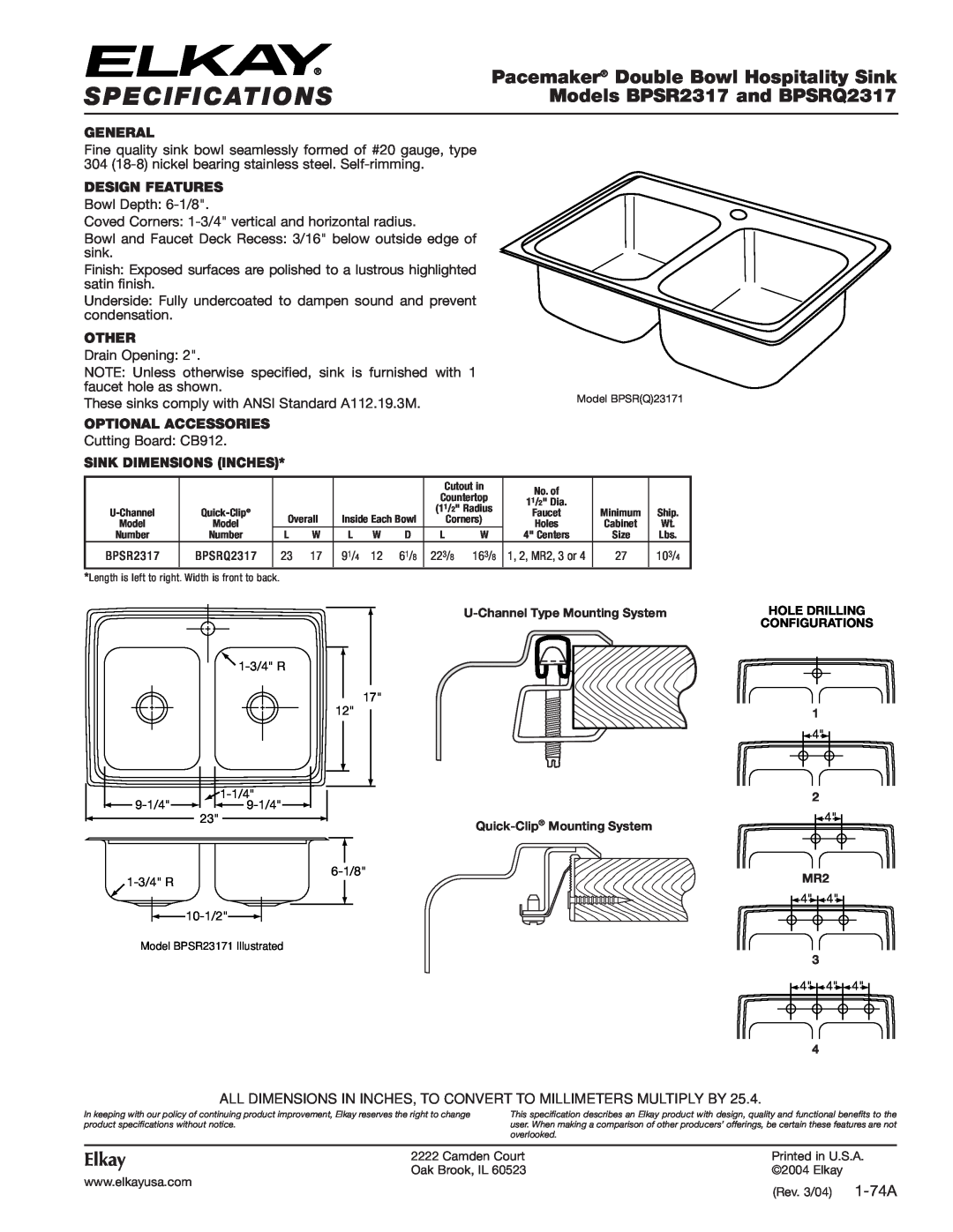 Elkay BPSR23171 specifications Specifications, Pacemaker Double Bowl Hospitality Sink, Models BPSR2317 and BPSRQ2317 