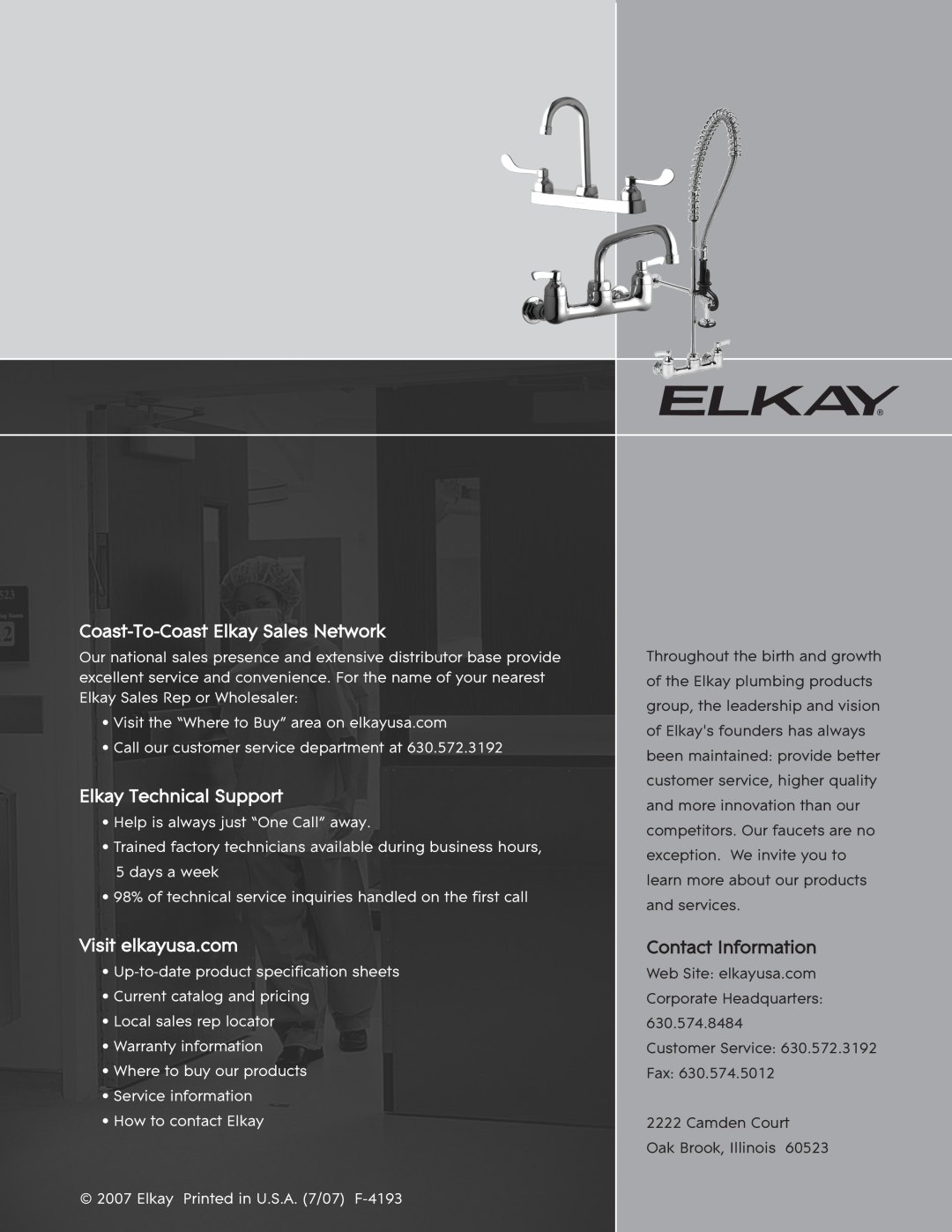Elkay CF-1 manual Coast-To-CoastElkay Sales Network, Elkay Technical Support, Contact Information 