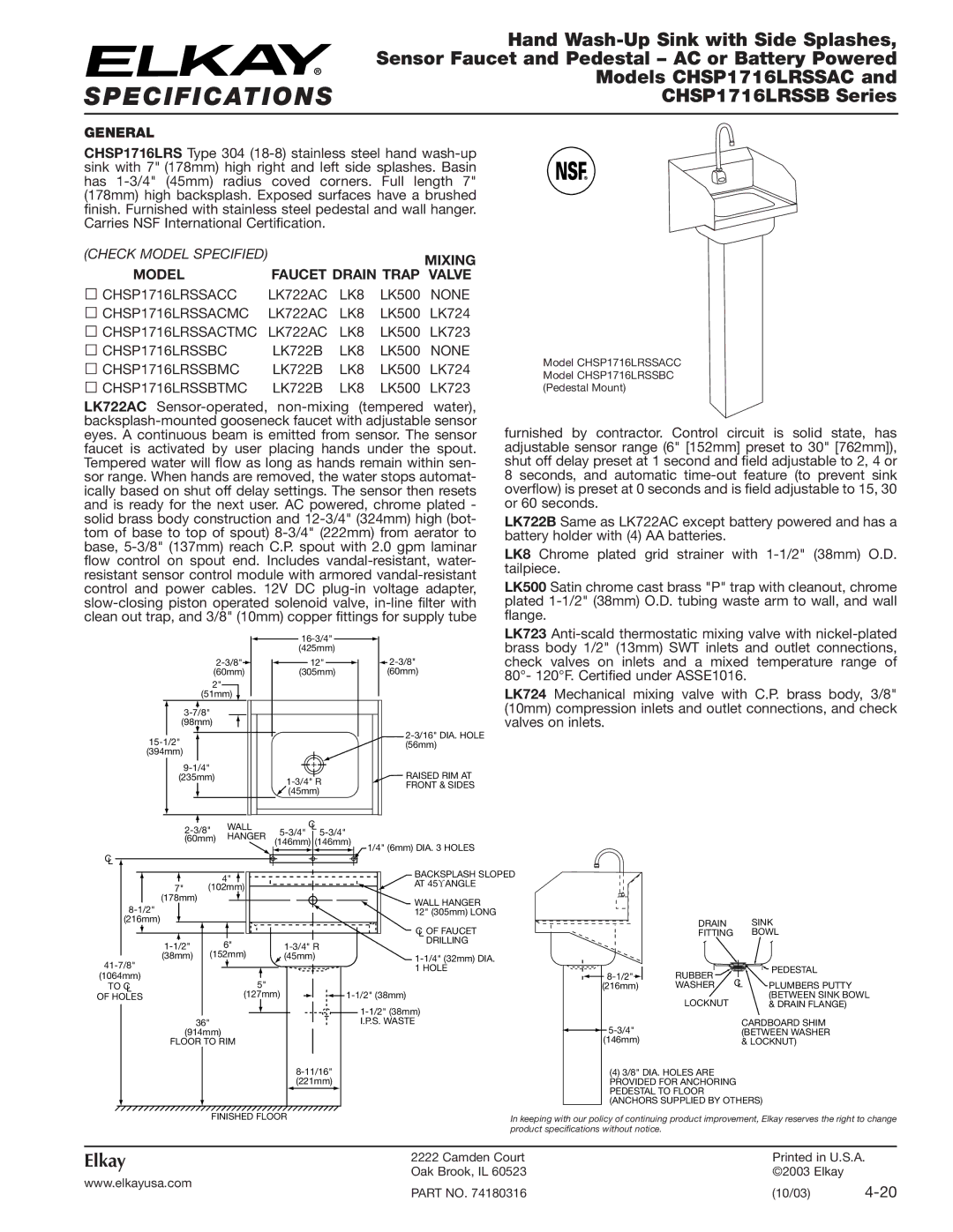 Elkay CHSP1716LRSSACC specifications Specifications, Hand Wash-Up Sink with Side Splashes, Models CHSP1716LRSSAC 