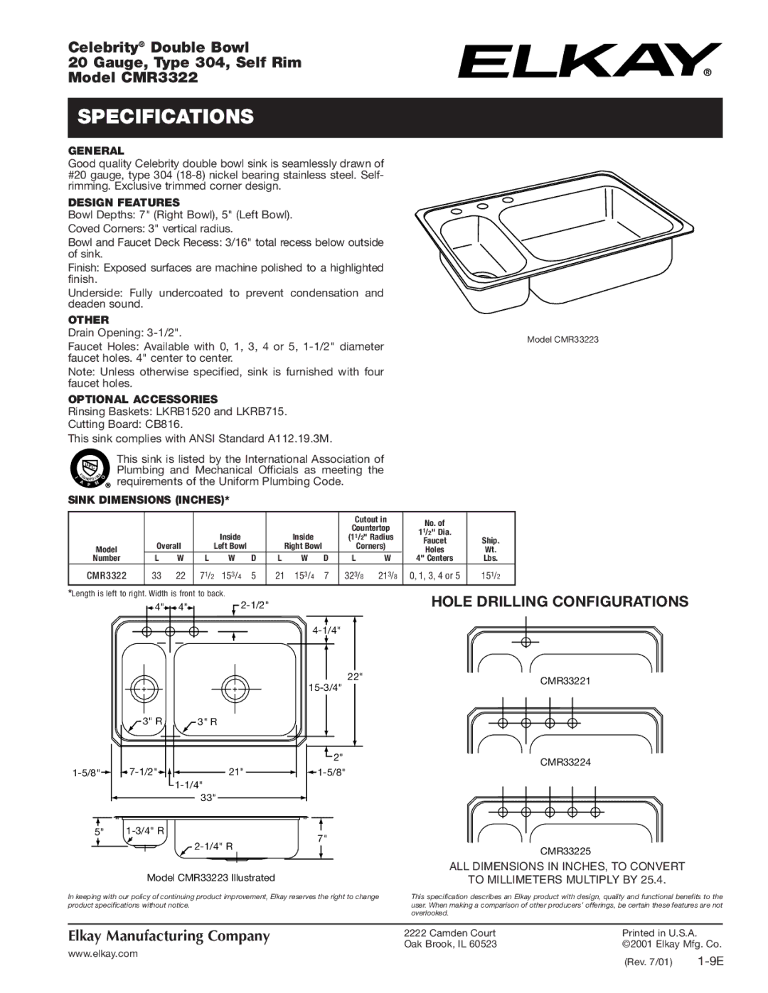 Elkay CMR3322 specifications Specifications, Hole Drilling Configurations 