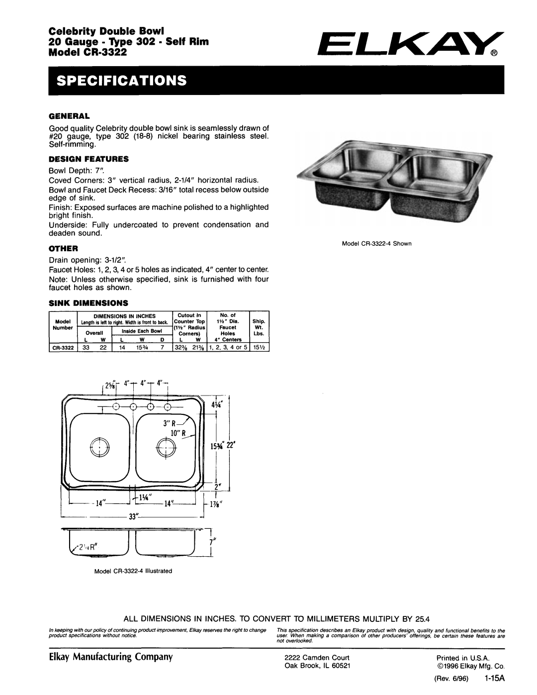 Elkay CR-3322 manual 