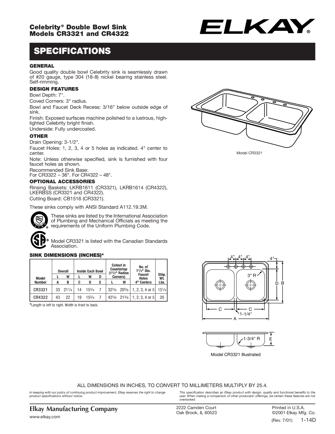 Elkay CR3321, CR4322 specifications Specifications 