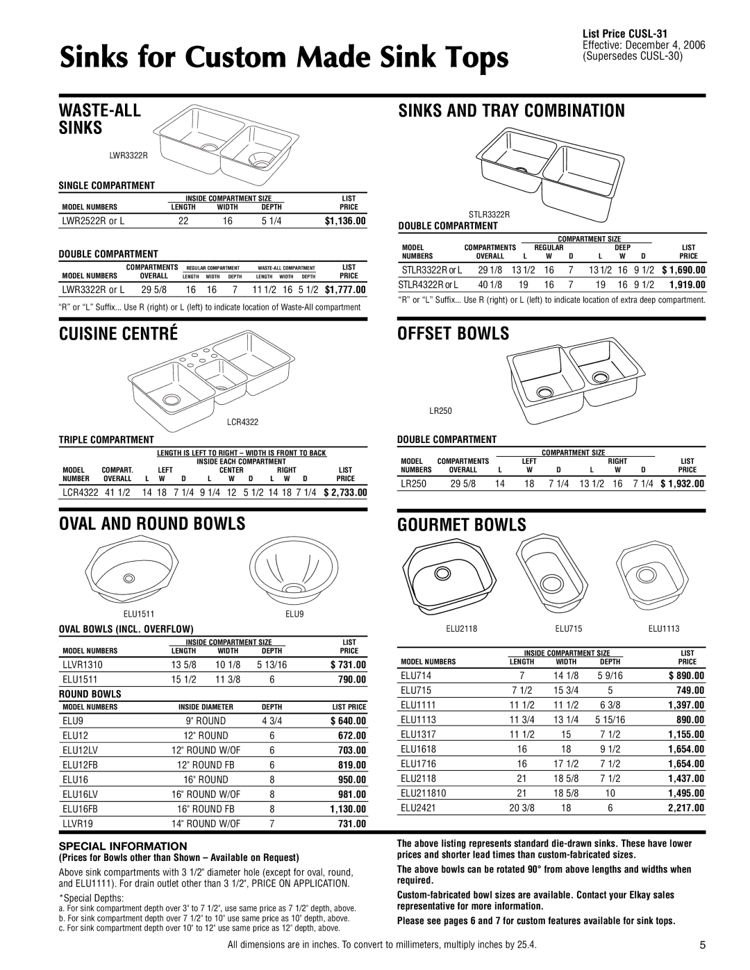 Elkay CUSL-31 specifications WASTE-ALL Sinks, Sinks and Tray Combination, Oval and Round Bowls, Gourmet Bowls 