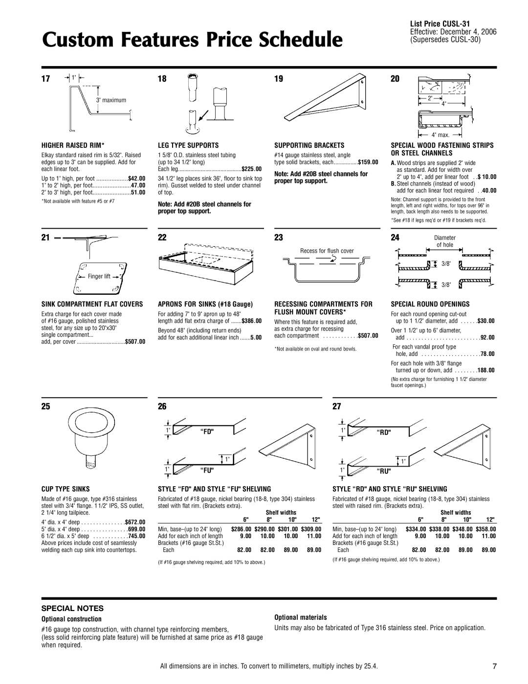 Elkay CUSL-31 specifications Special Notes 