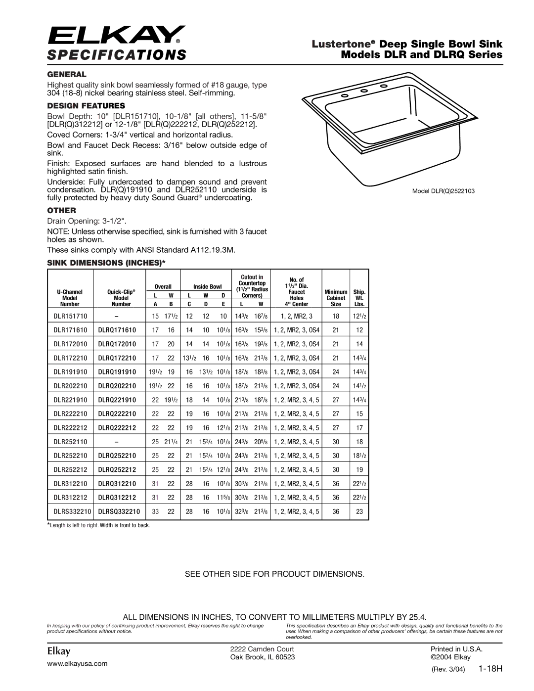 Elkay DLRQ222212 specifications Specifications, Lustertone Deep Single Bowl Sink, Models DLR and Dlrq Series, Elkay 