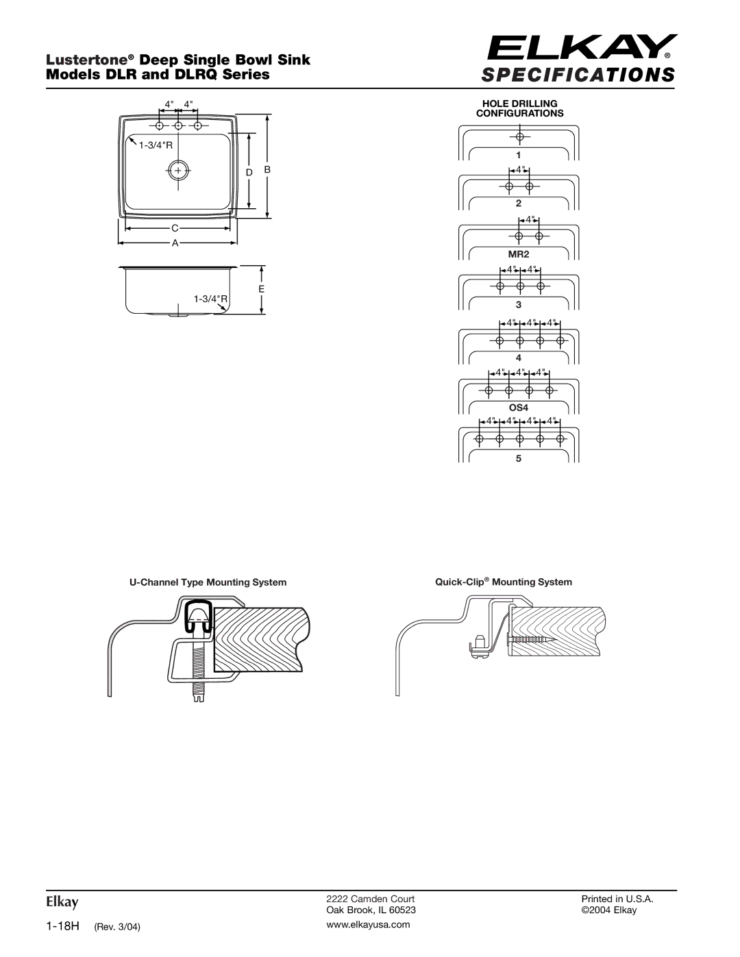 Elkay DLRQ222212 specifications Hole Drilling Configurations MR2 OS4 