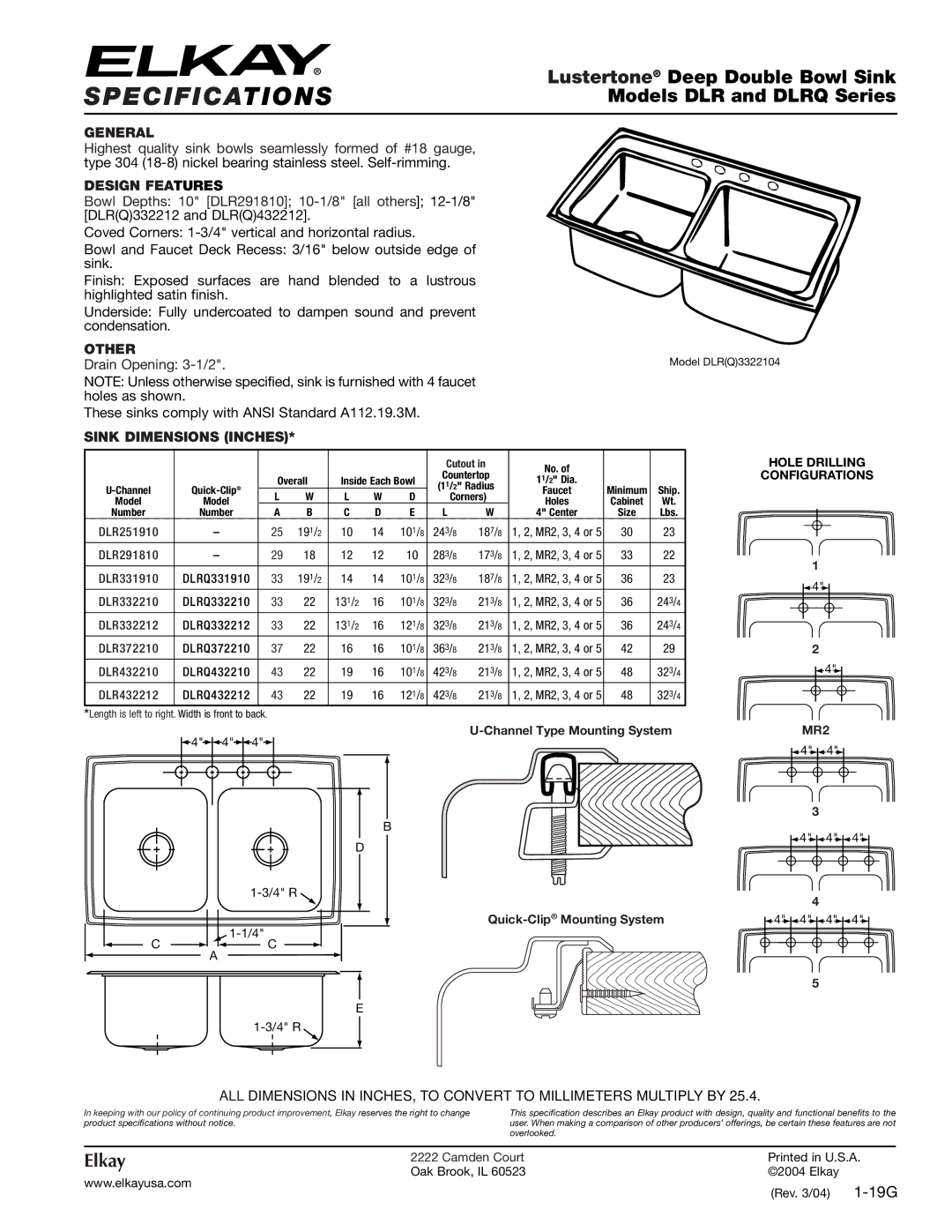 Elkay DLRQ331910 specifications Specifications, Lustertone Deep Double Bowl Sink, Models DLR and Dlrq Series, Elkay 